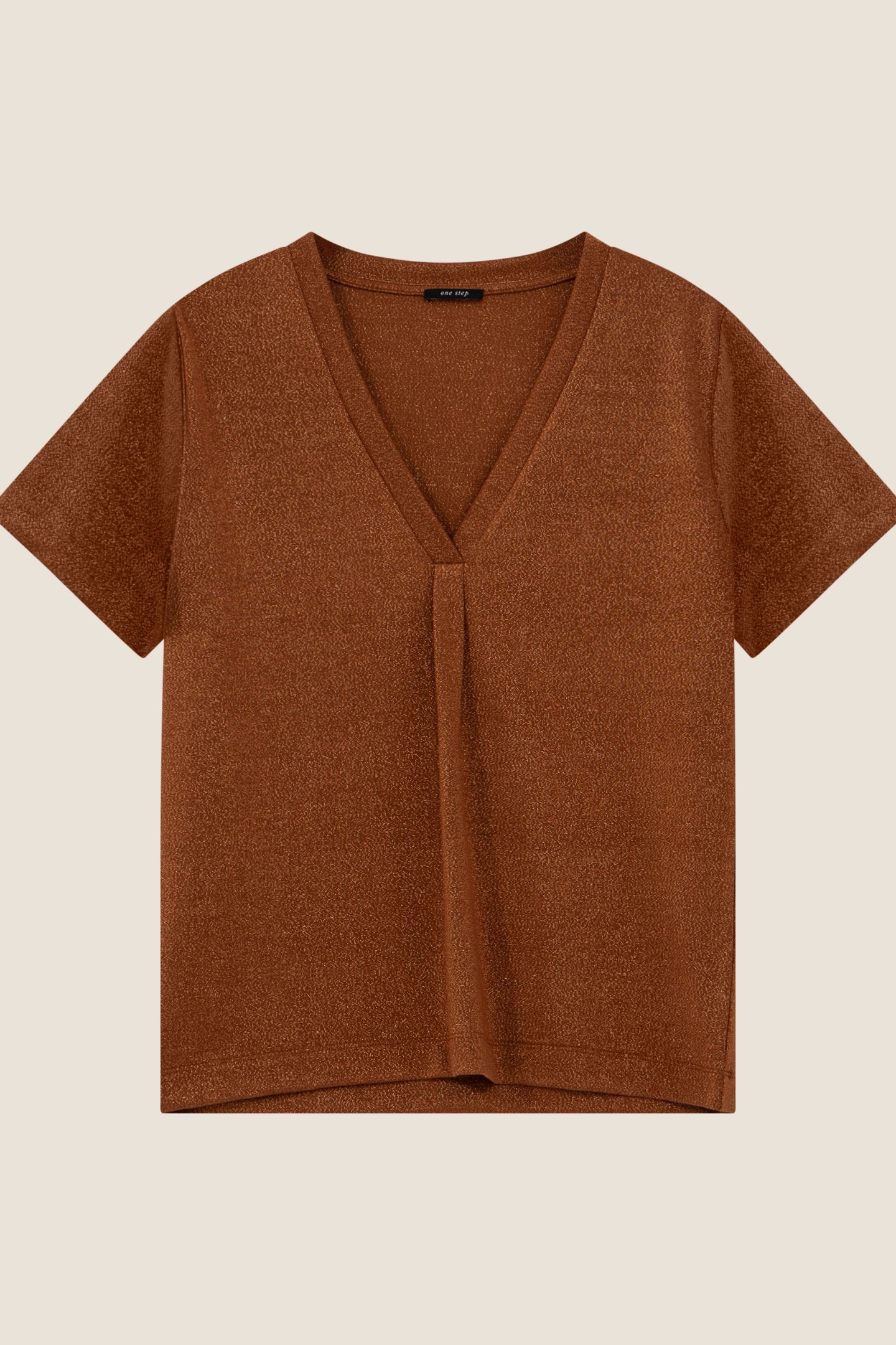 MARCIA - CARAMEL T-SHIRT WITH IRIDESCENT KNIT V-NECK 1