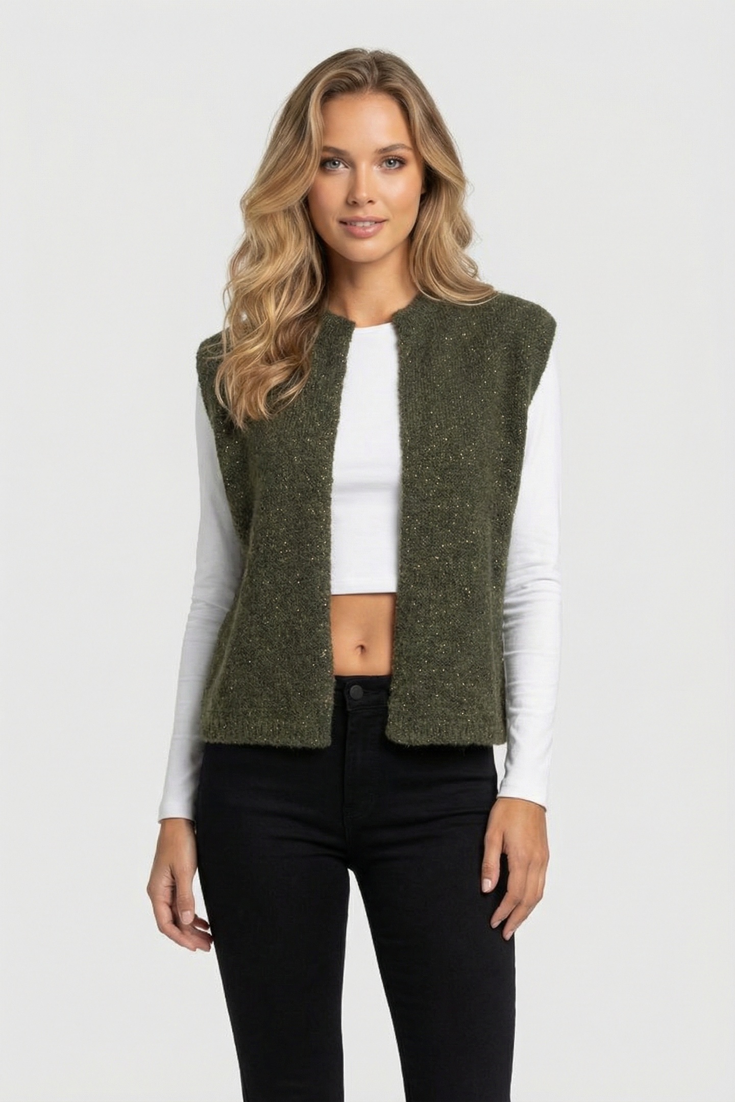 TESSA - KHAKI SLEEVELESS CARDIGAN WITH LUREX KNIT 1