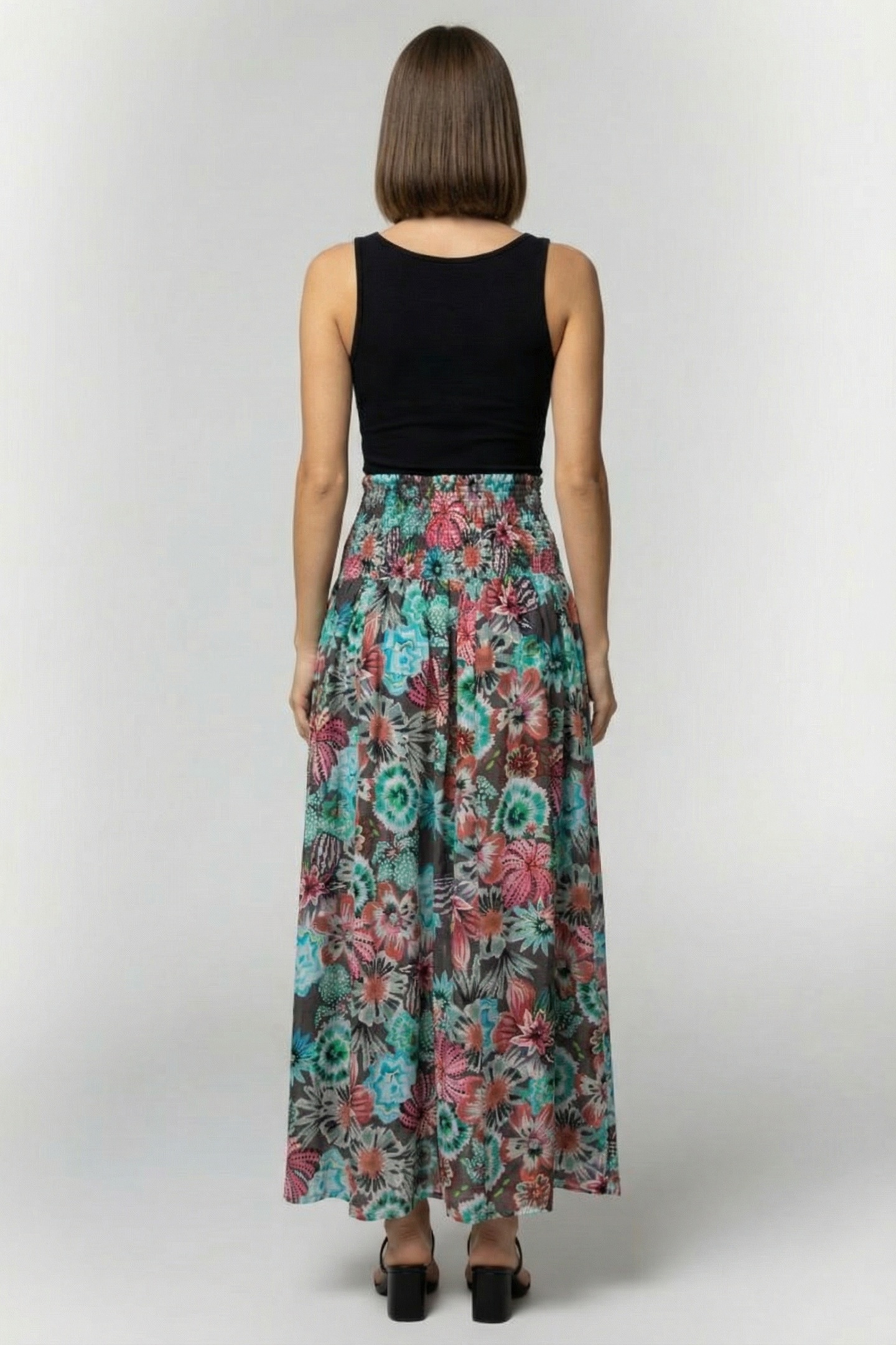 SMOCKED SKIRT MAGIC IN DARK SHADOW WITH FLORAL MEDLEY PRINT 2