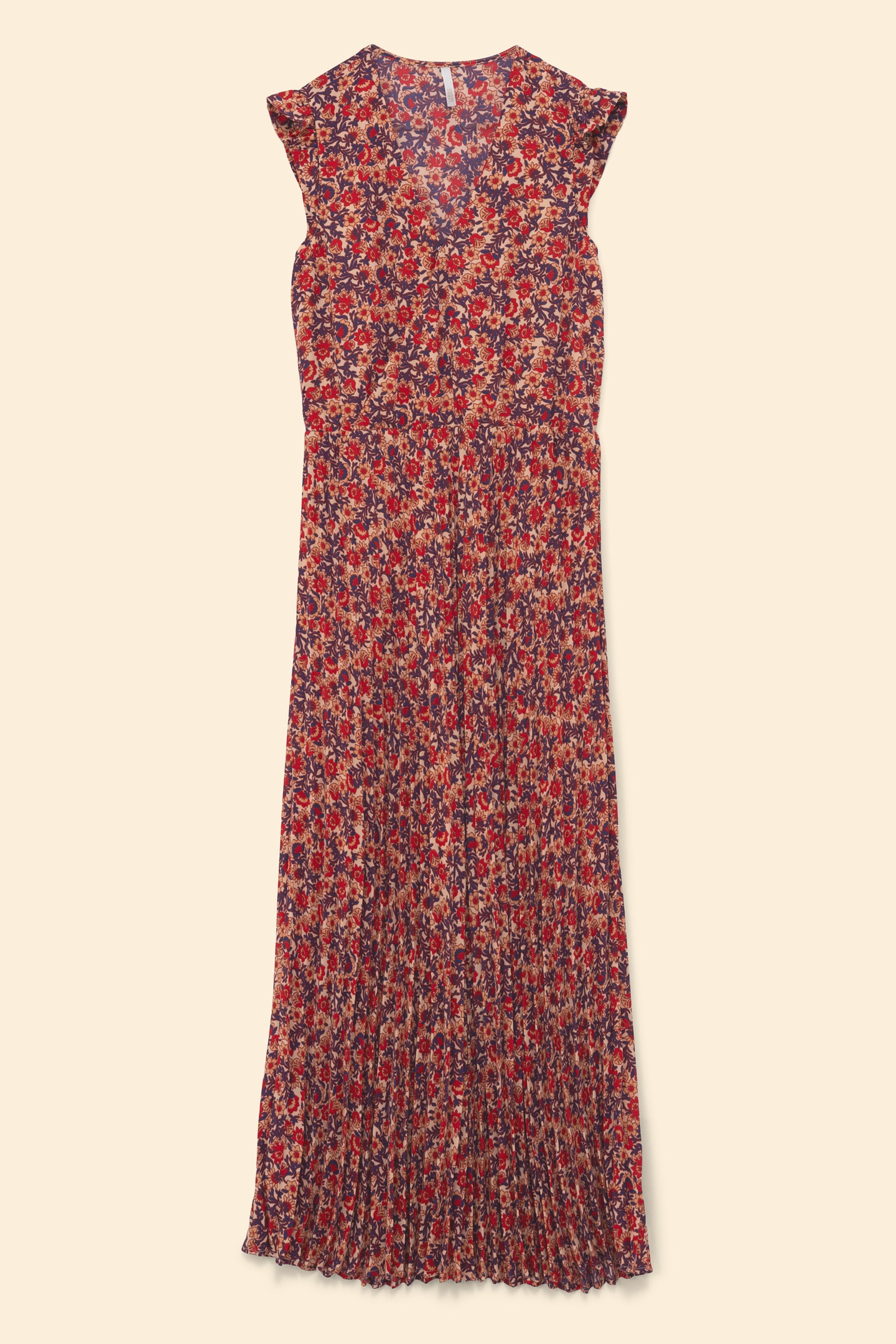 RED PLEATED LONG DRESS WITH FLOWERY PRINT ECRU 5