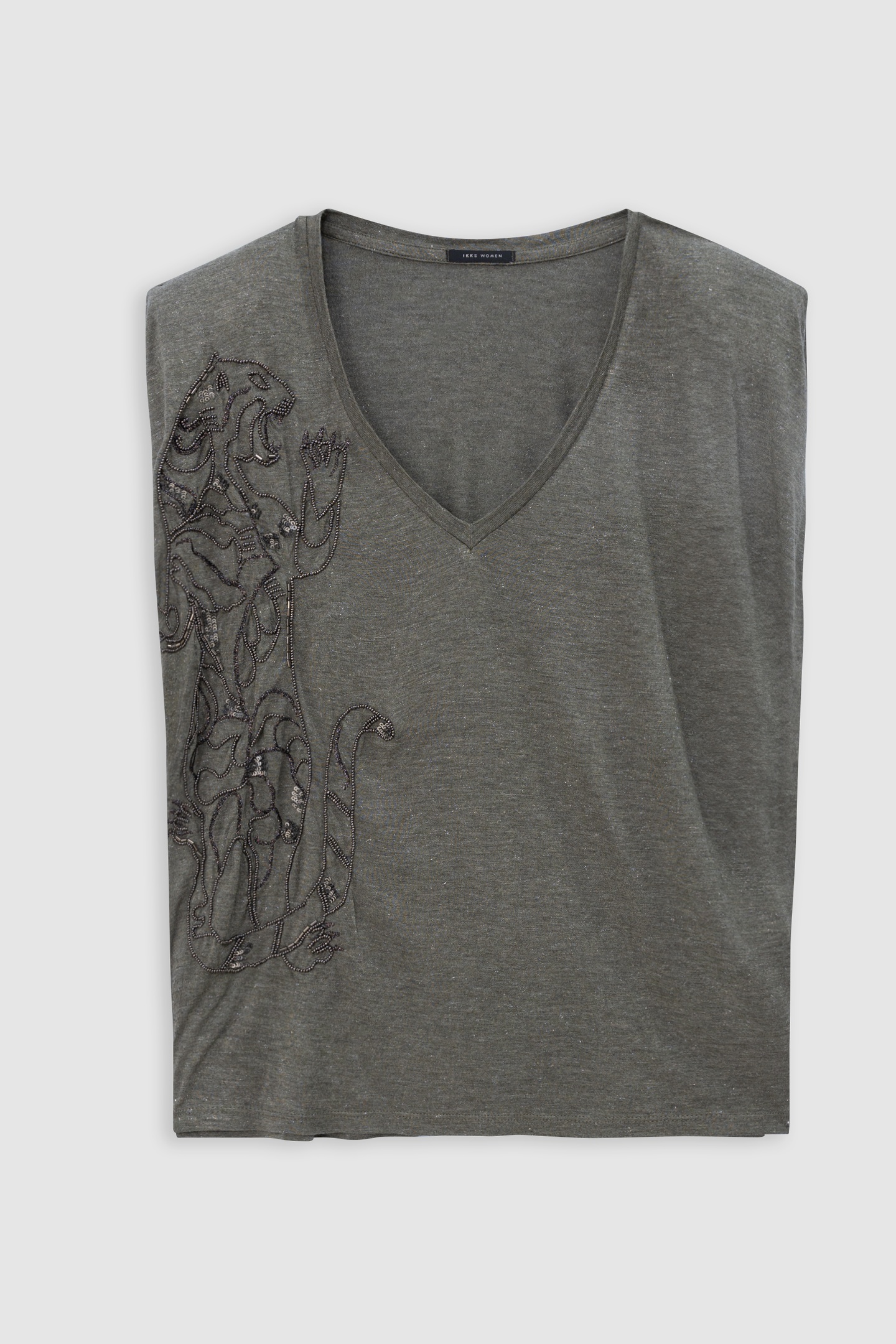 KHAKI V-NECK T-SHIRT WITH TIGER EMBROIDERY 4