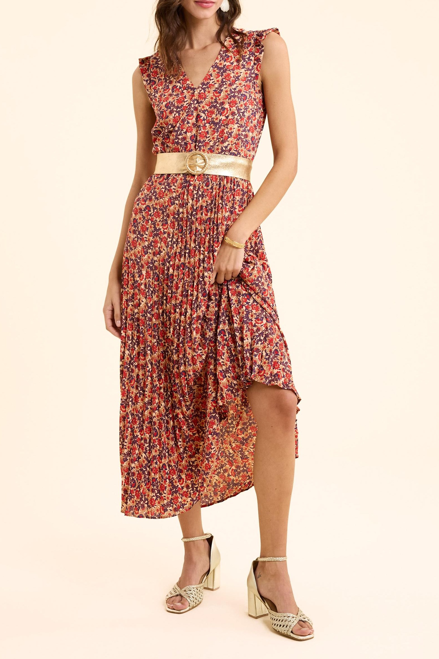 RED PLEATED LONG DRESS WITH FLOWERY PRINT ECRU 3