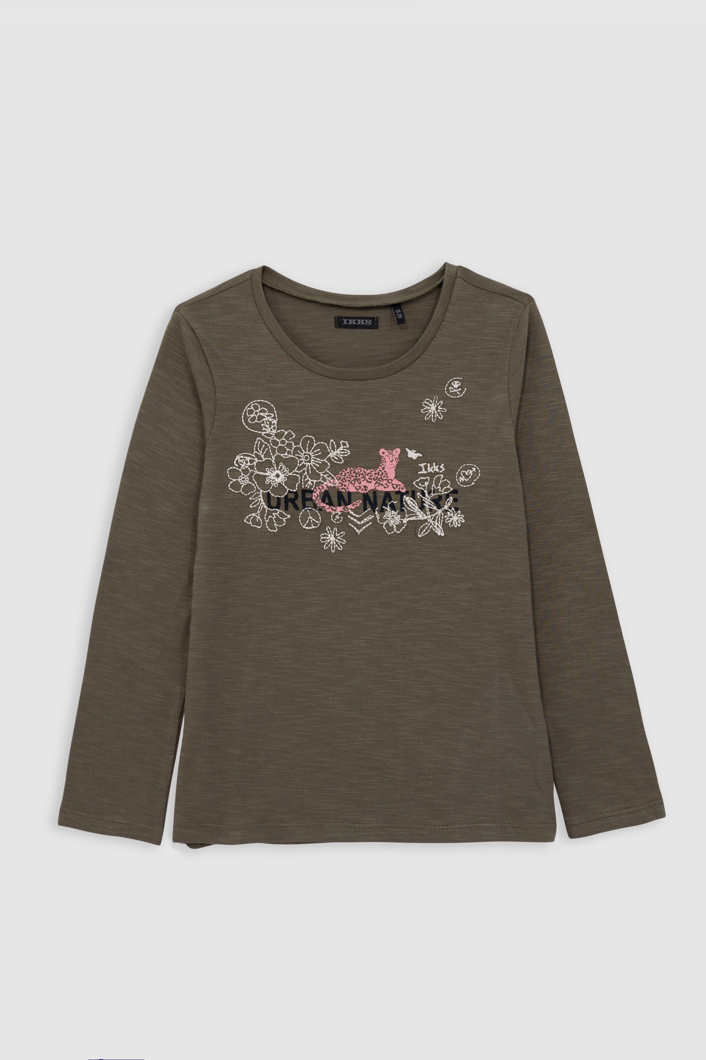 GIRL'S KHAKI ORGANIC COTTON FLOWERS & LEOPARD T-SHIRT 1