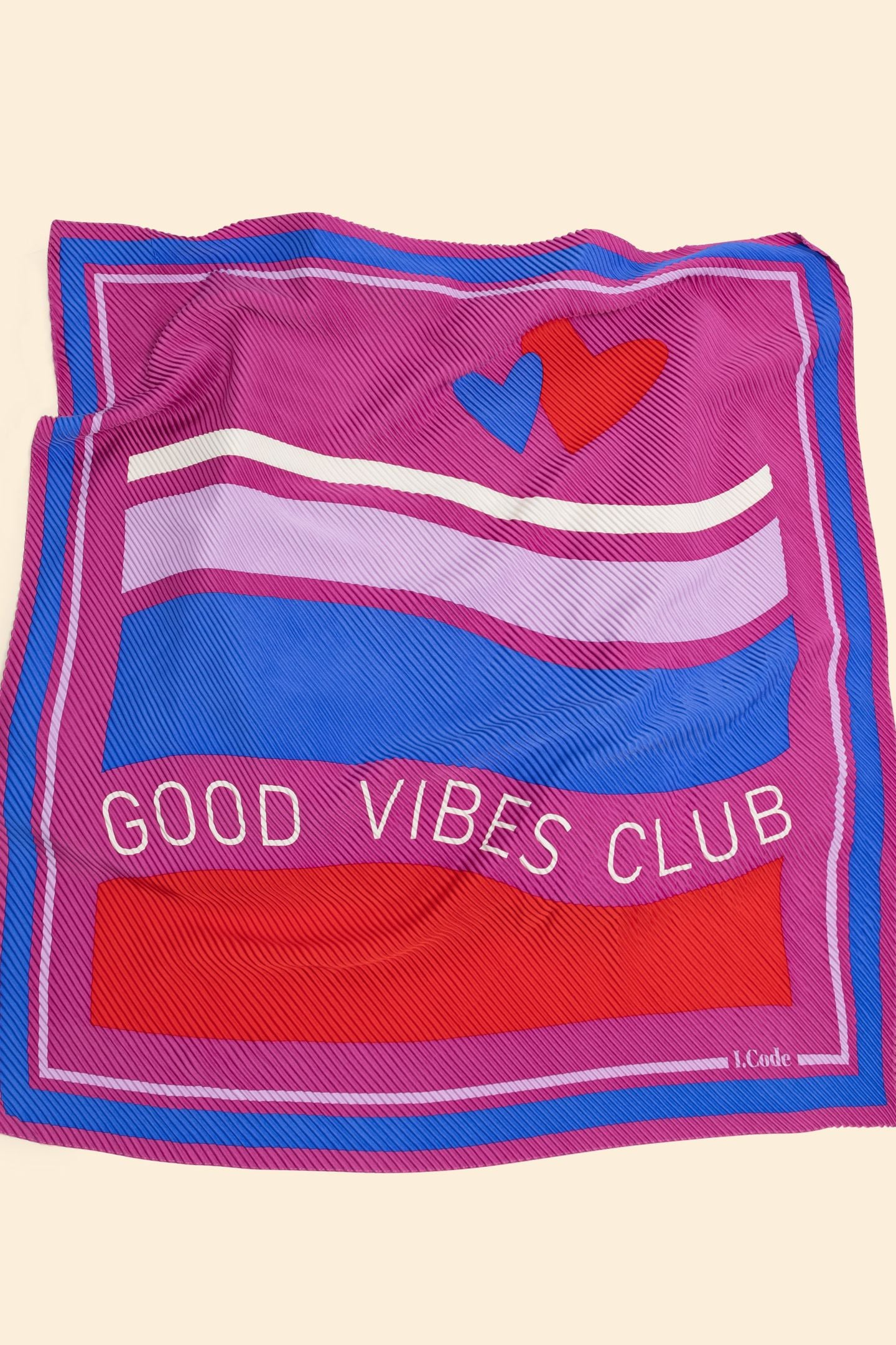 PURPLE PLEATED SQUARE SCARF WITH STRIPES AND MESSAGE VIOLINE 2