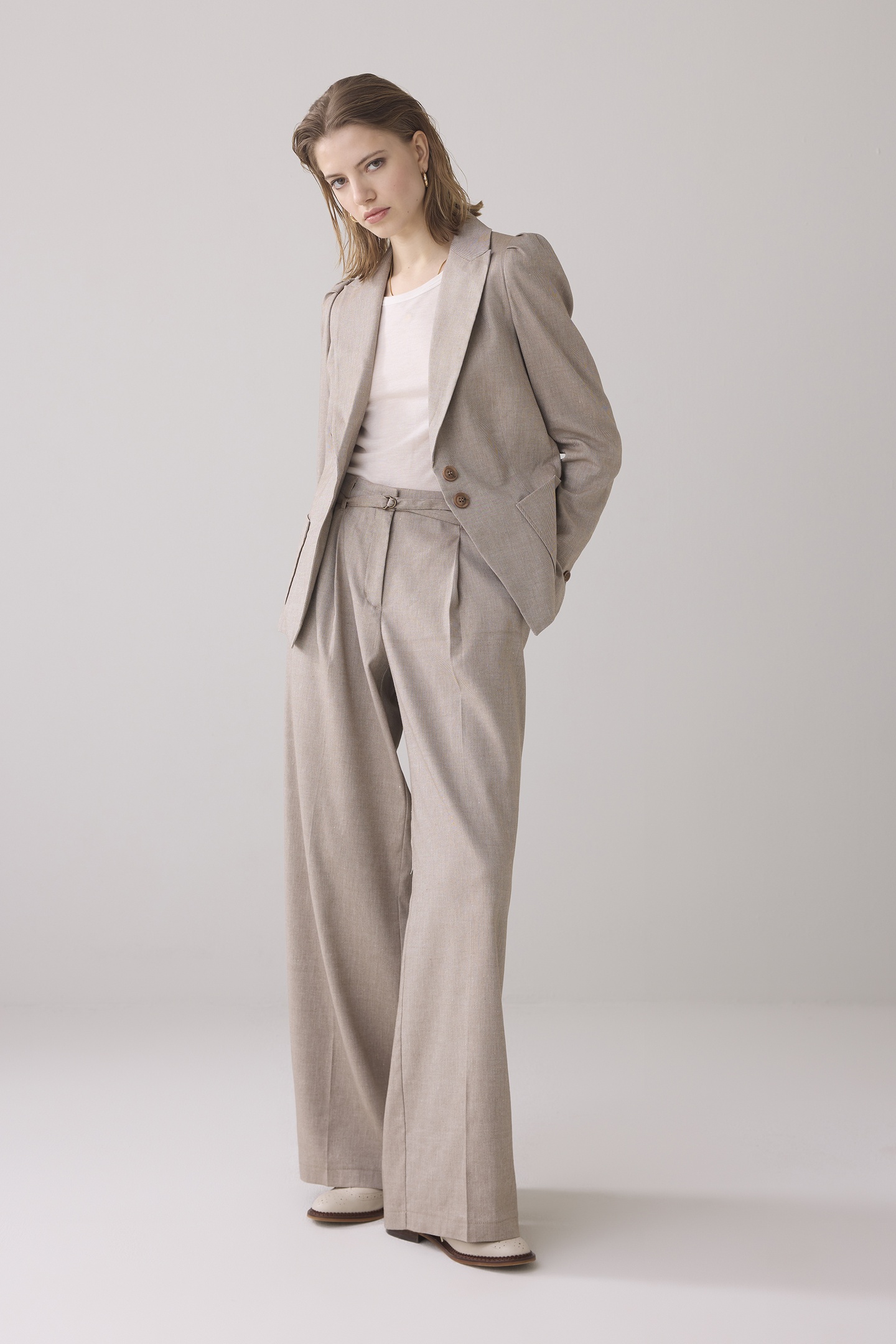 TROUSERS WIDE LINEN BLEND TWILL KHAKI 1