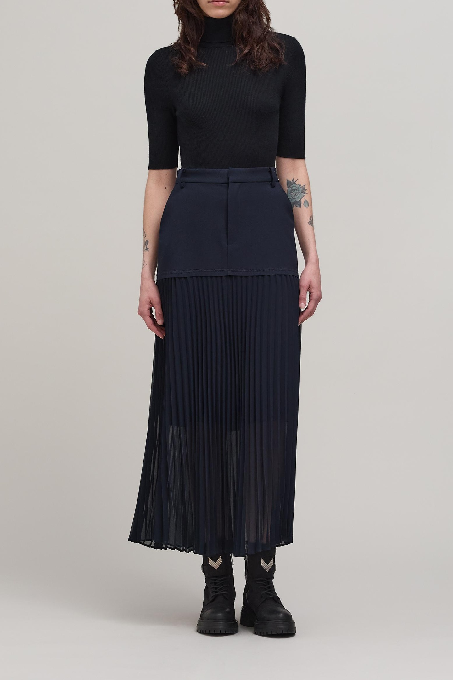 NAVY BI-MATERIAL LONG SKIRT 3