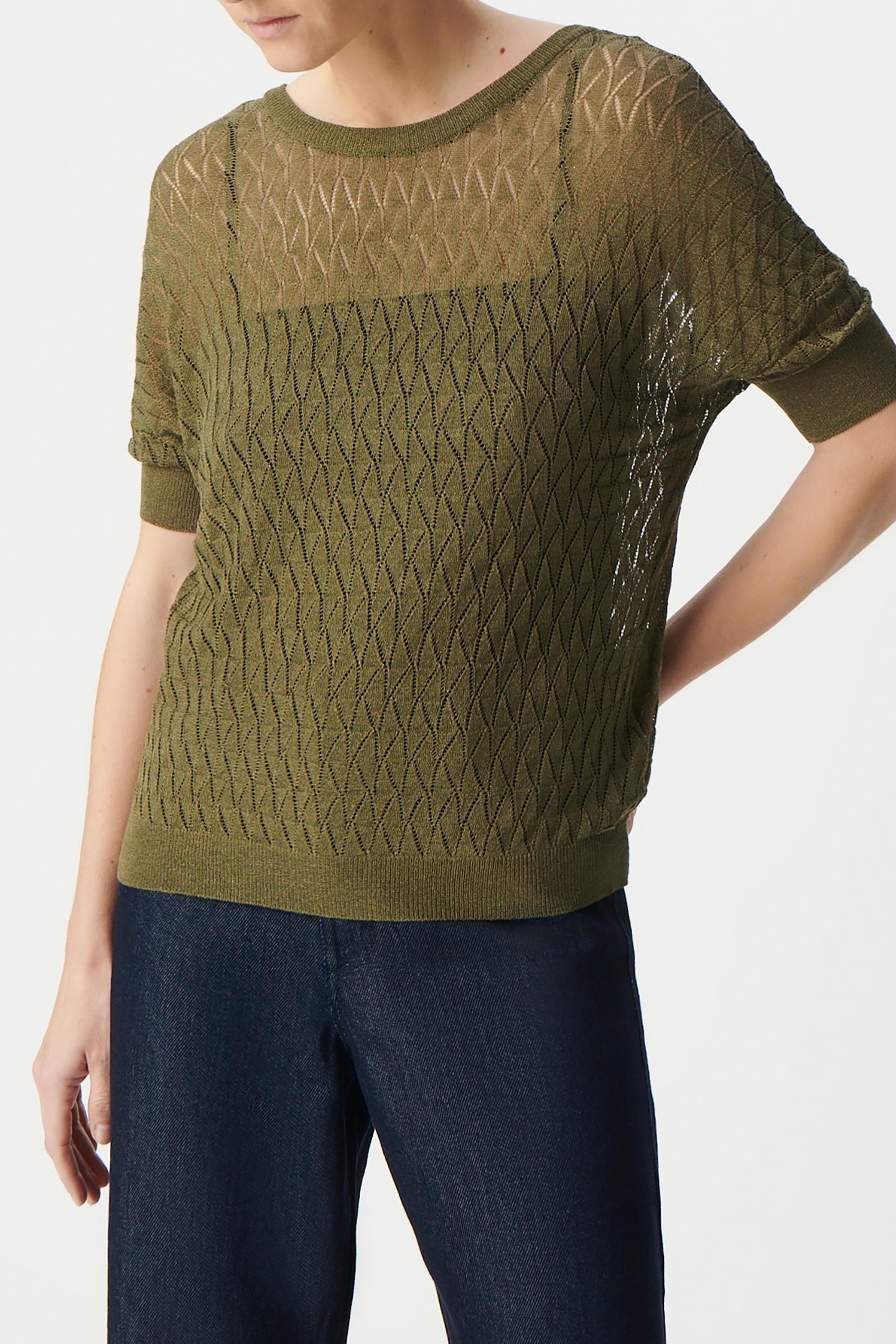 KHAKI KNITTED LUREX OPENWORK V-NECK SWEATER 2