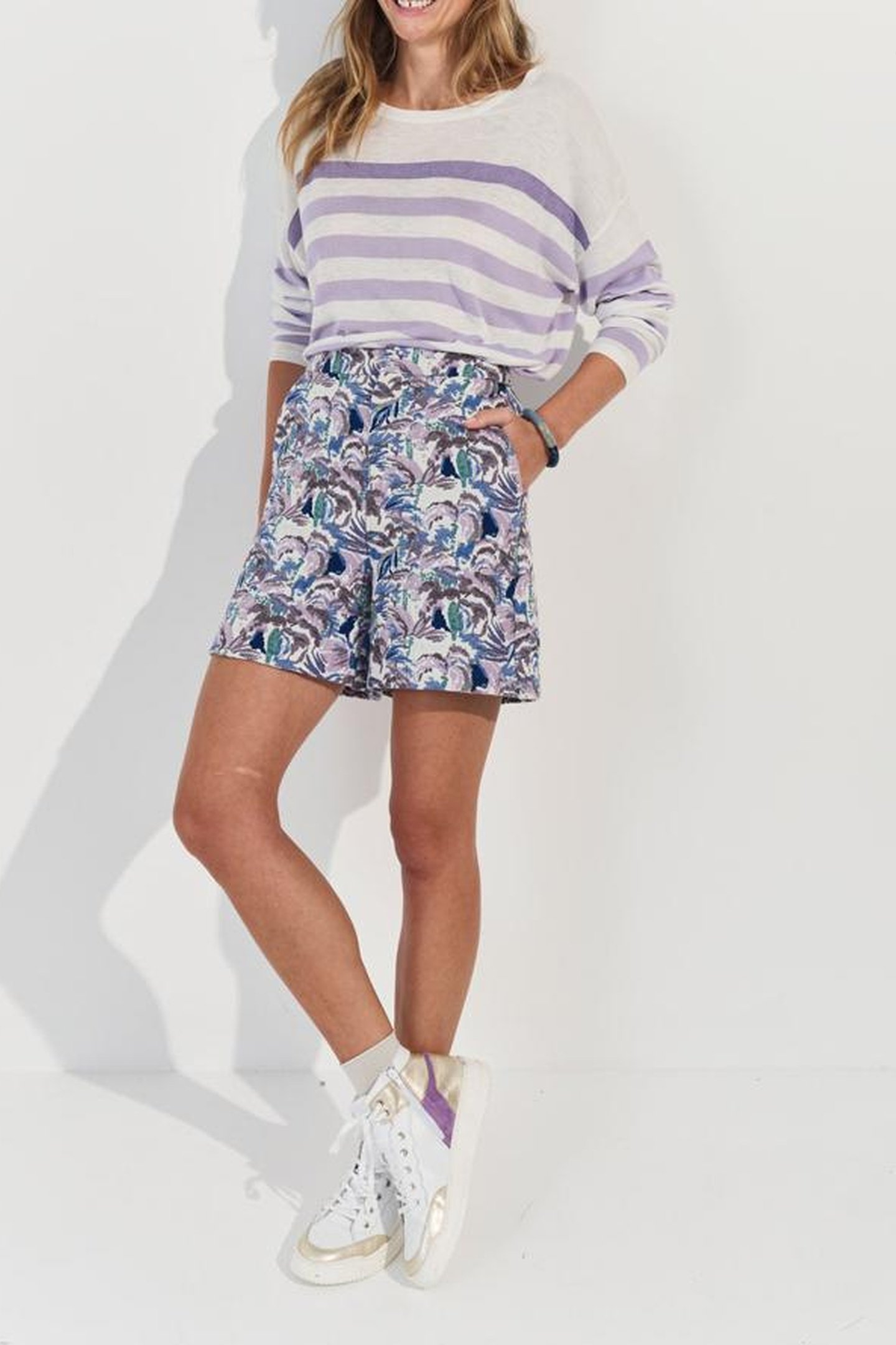 TONIO - ECRU SWEATER KNITTED WITH PURPLE STRIPES 1