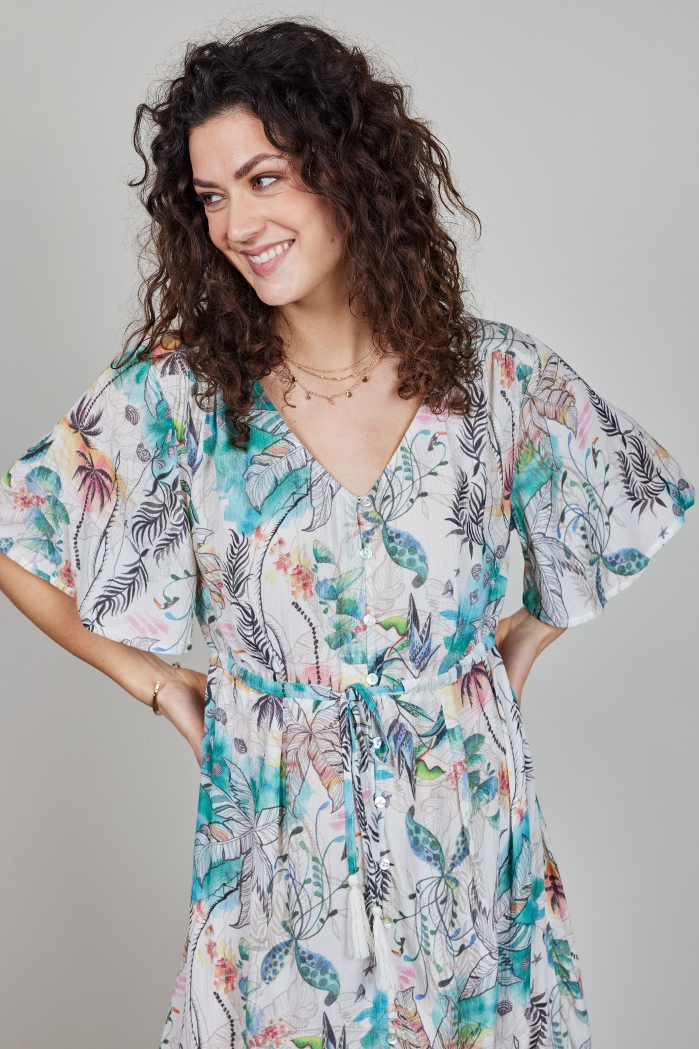 MAXI DRESS JAZZY IN OFFWHITE WITH PALM FESTIVAL PRINT 1