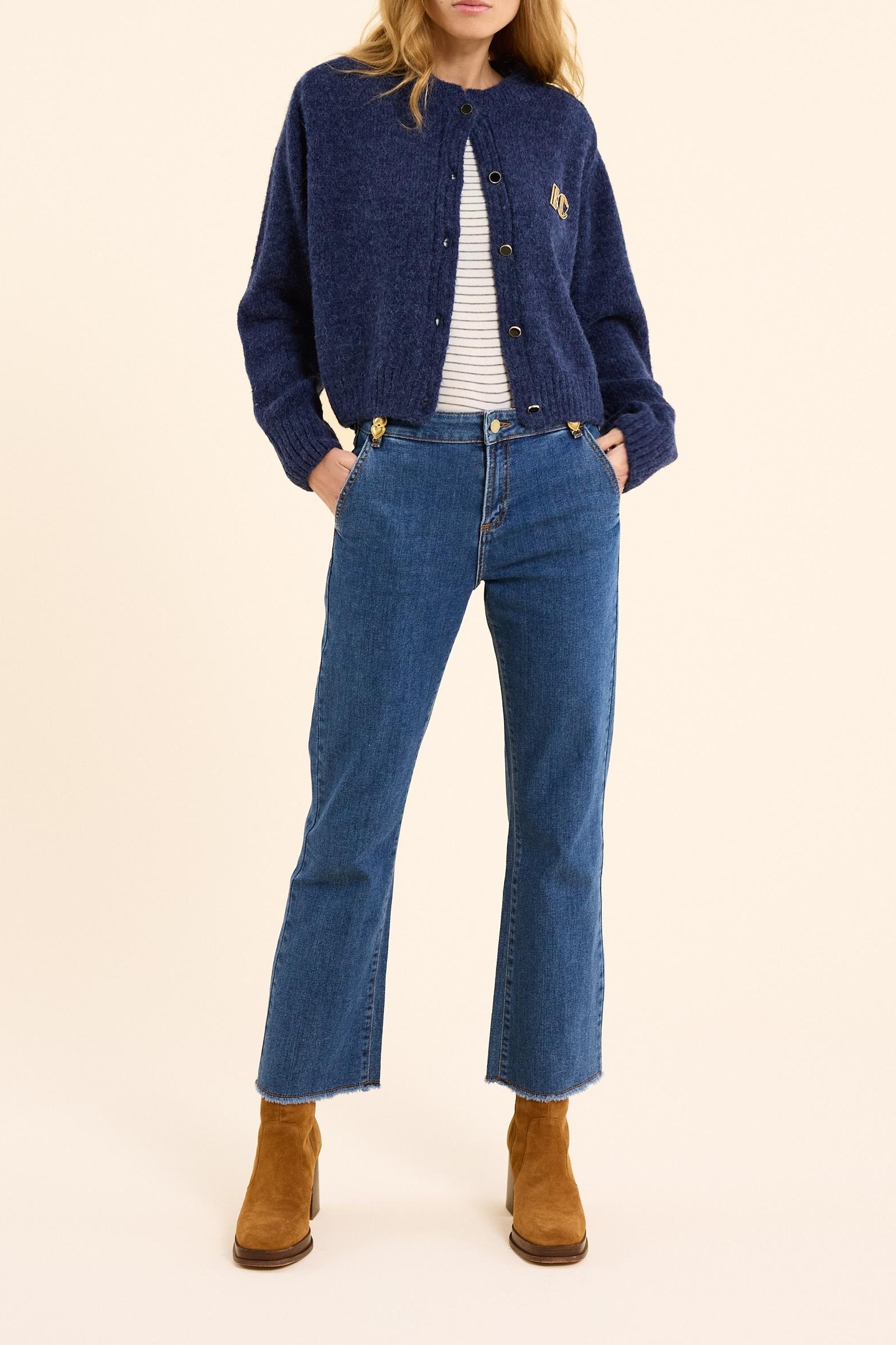 NAVY KNIT CARDIGAN WITH REMOVABLE BROOCH MARINE 2