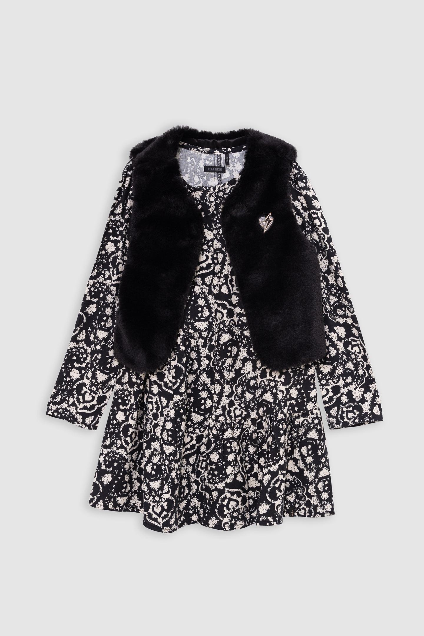 GIRL'S 2-IN-1 BLACK ROCK FLORAL DRESS AND SOFT GILET 1
