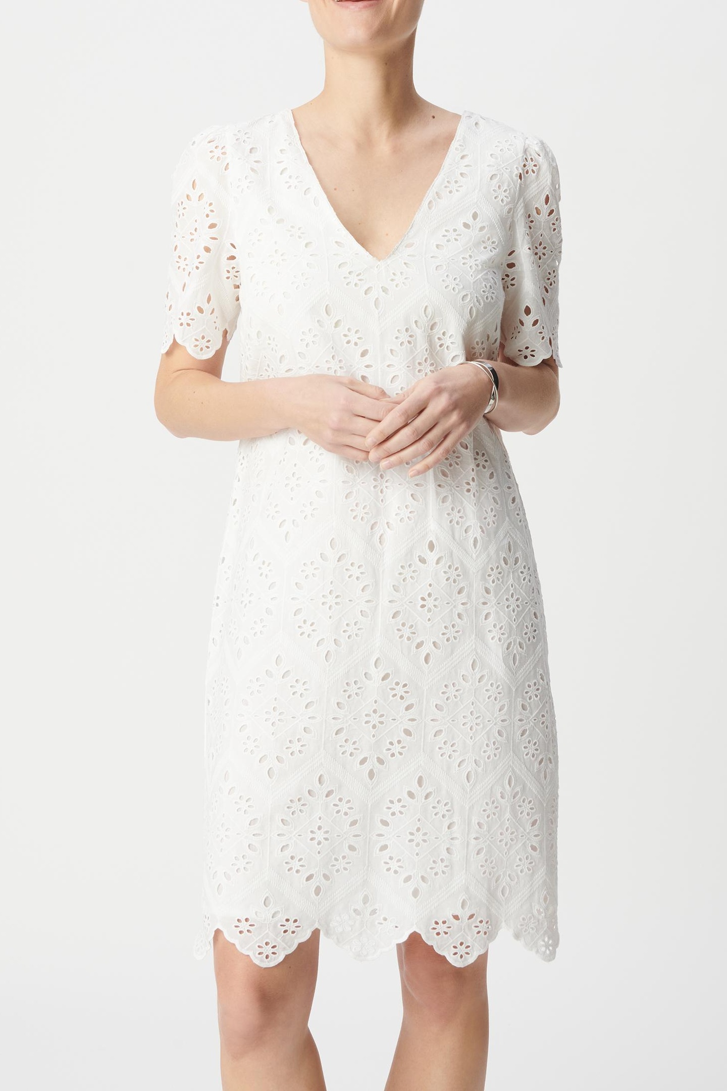 WHITE DRESS IN ORGANIC COTTON WITH BRODERIE ANGLAISE 1