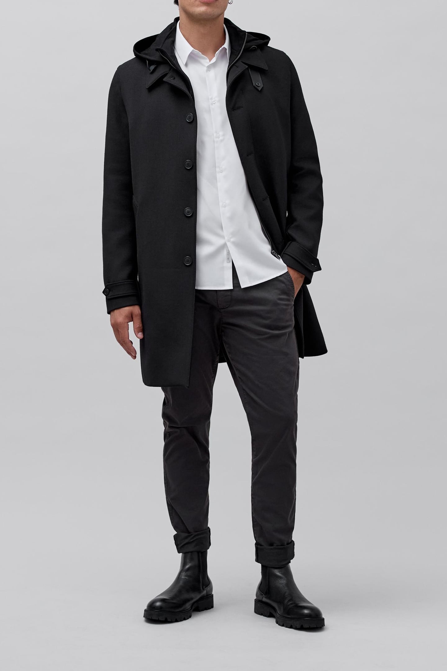 BLACK TRENCH COAT WITH DETACHABLE HOOD FACING 1