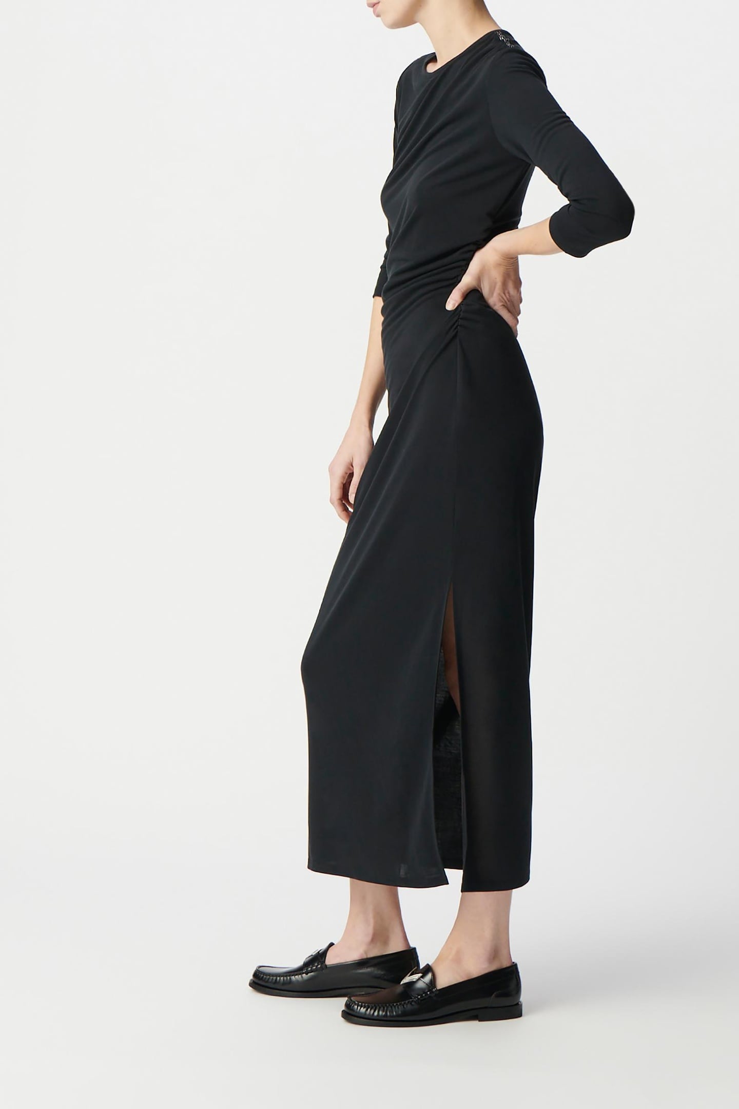 GATHERED BLACK EVENING DRESS WITH RHINESTONE SHOULDERS 3