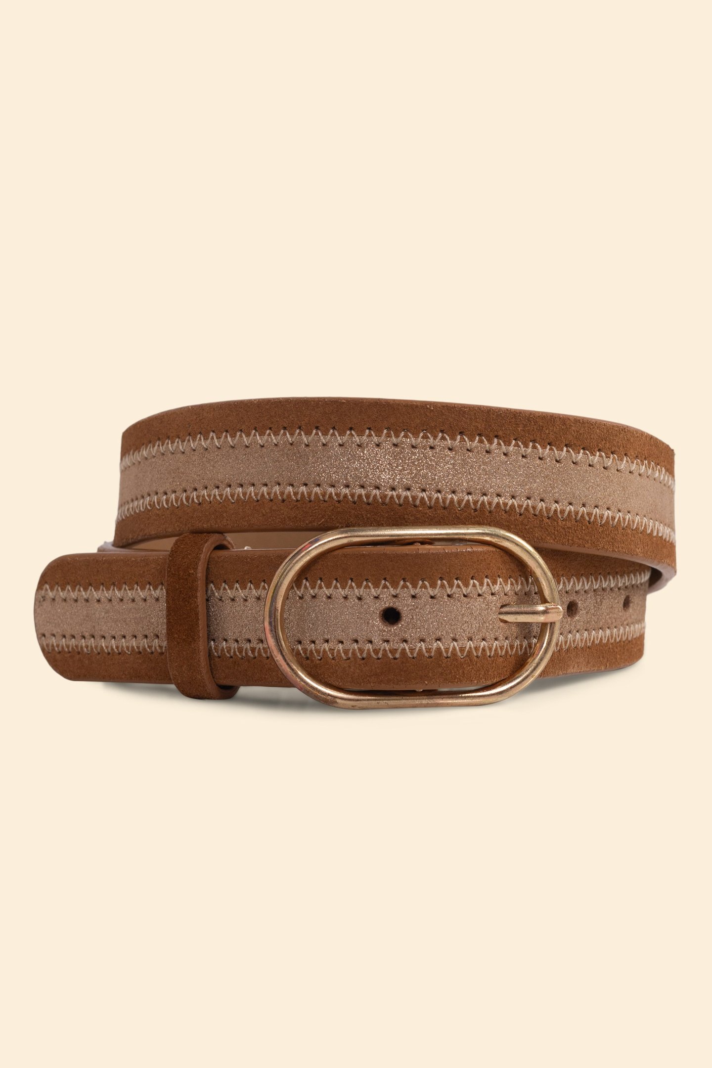 CAMEL LEATHER VELOUR BELT, GOLD LINE CAMEL 1