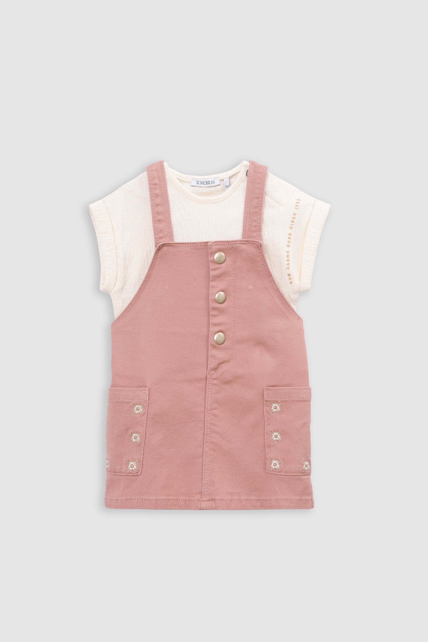 PINK DRESS-SALOPETTE AND ECRU T-SHIRT SET 1