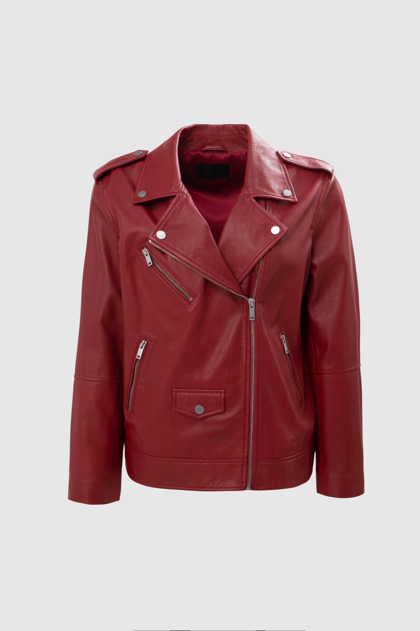 RED LEATHER BIKER JACKET WITH ZIPPED POCKETS 5