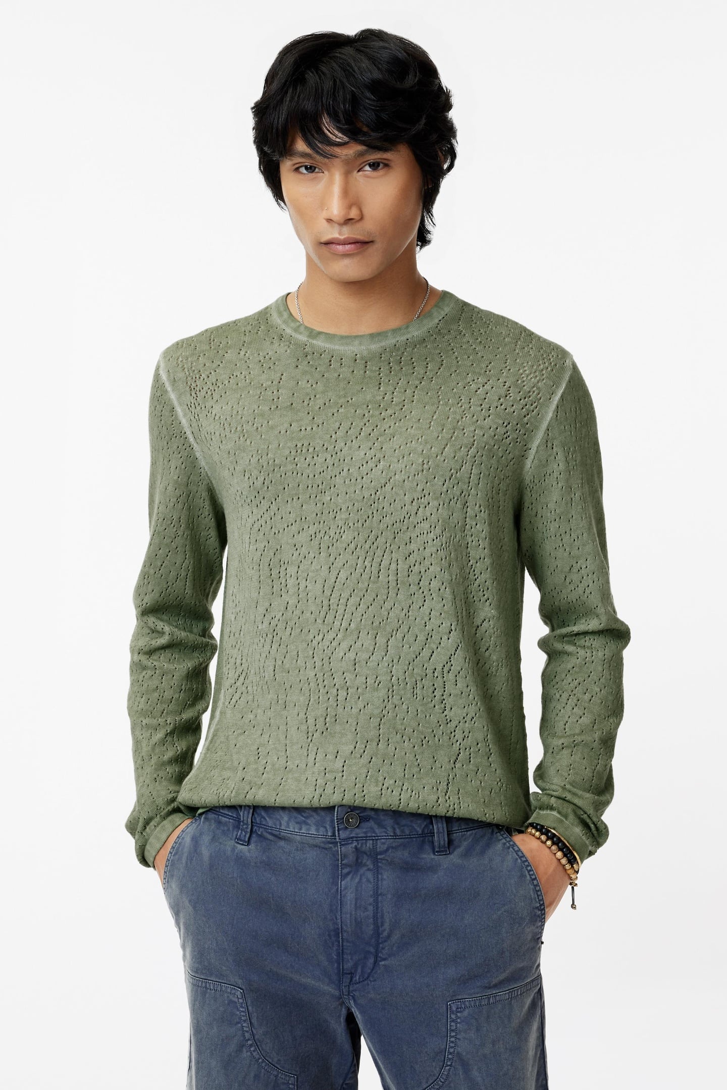 John Varvatos Camden Organic Mesh Stitch Crew W Cold D Light Olive Maat: XS | Sweaters Outlet | Heren | Groen