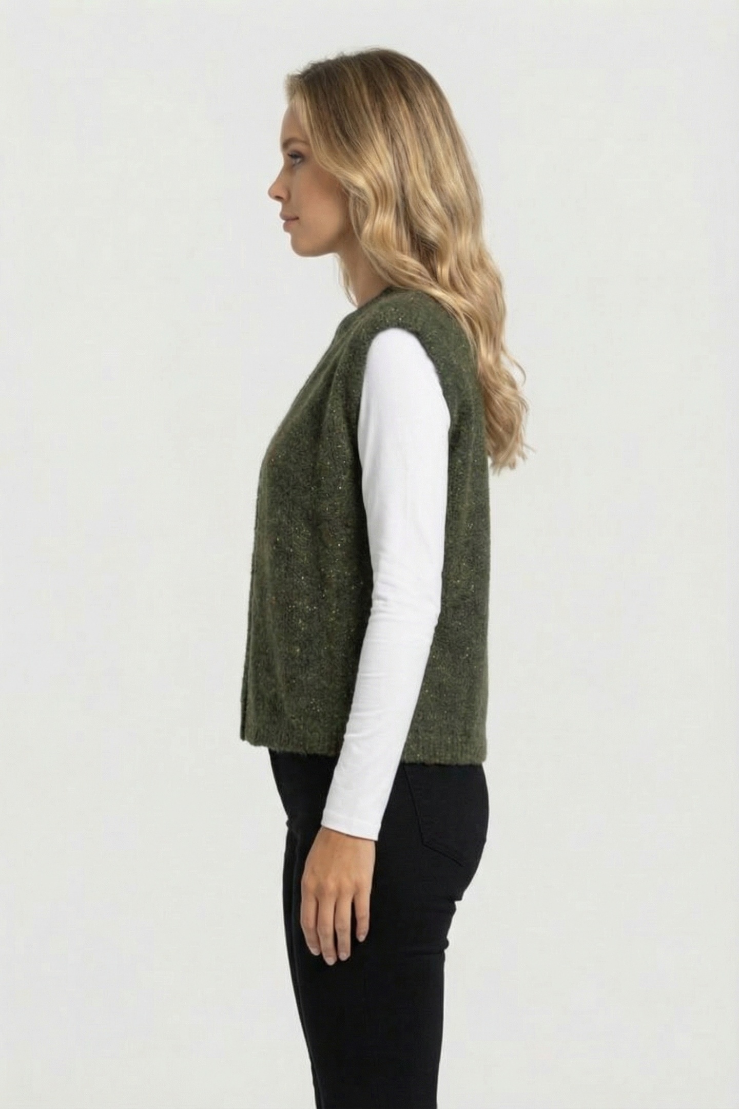 TESSA - KHAKI SLEEVELESS CARDIGAN WITH LUREX KNIT 3