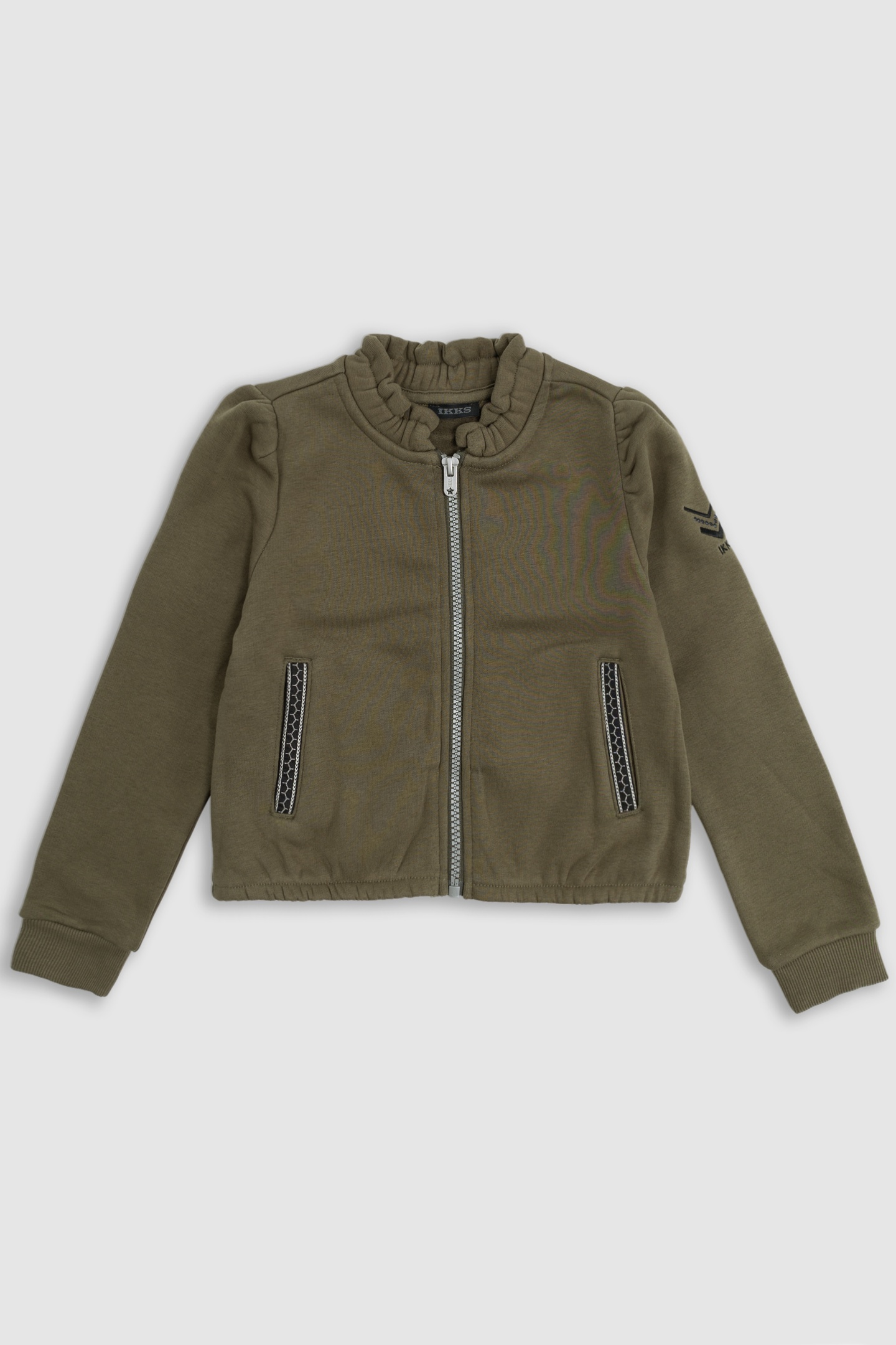 KHAKI CARDIGAN WITH FANCY BRAIDS ON GIRL'S POCKETS 1