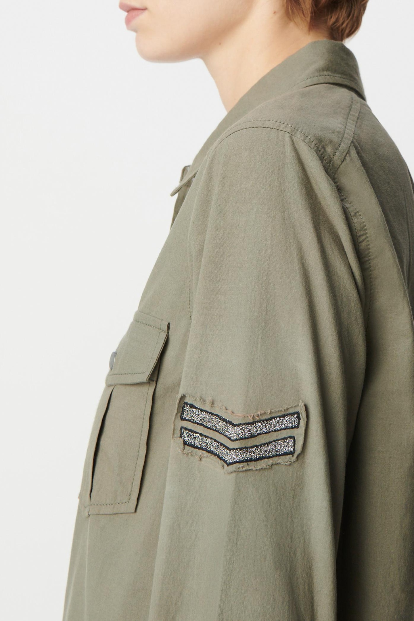 ORGANIC COTTON KHAKI SHIRT WITH STUDDED SPIRAL MESSAGE 6