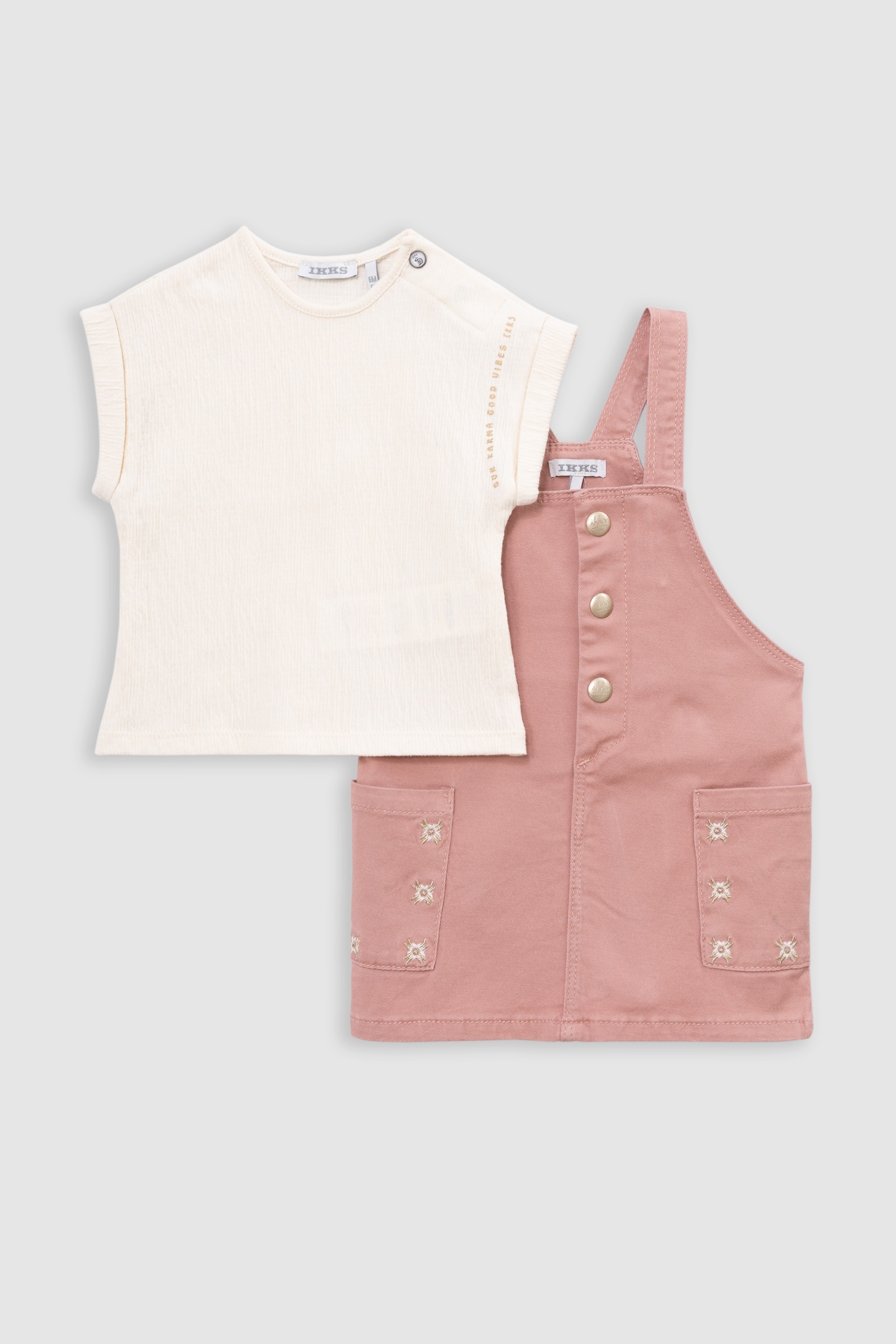 PINK DRESS-SALOPETTE AND ECRU T-SHIRT SET 4