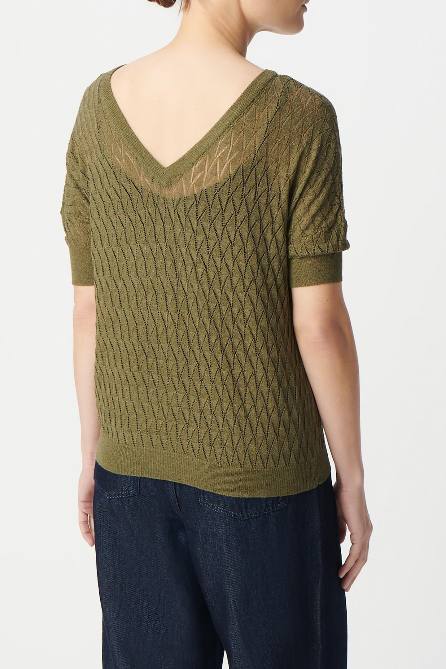KHAKI KNITTED LUREX OPENWORK V-NECK SWEATER 4