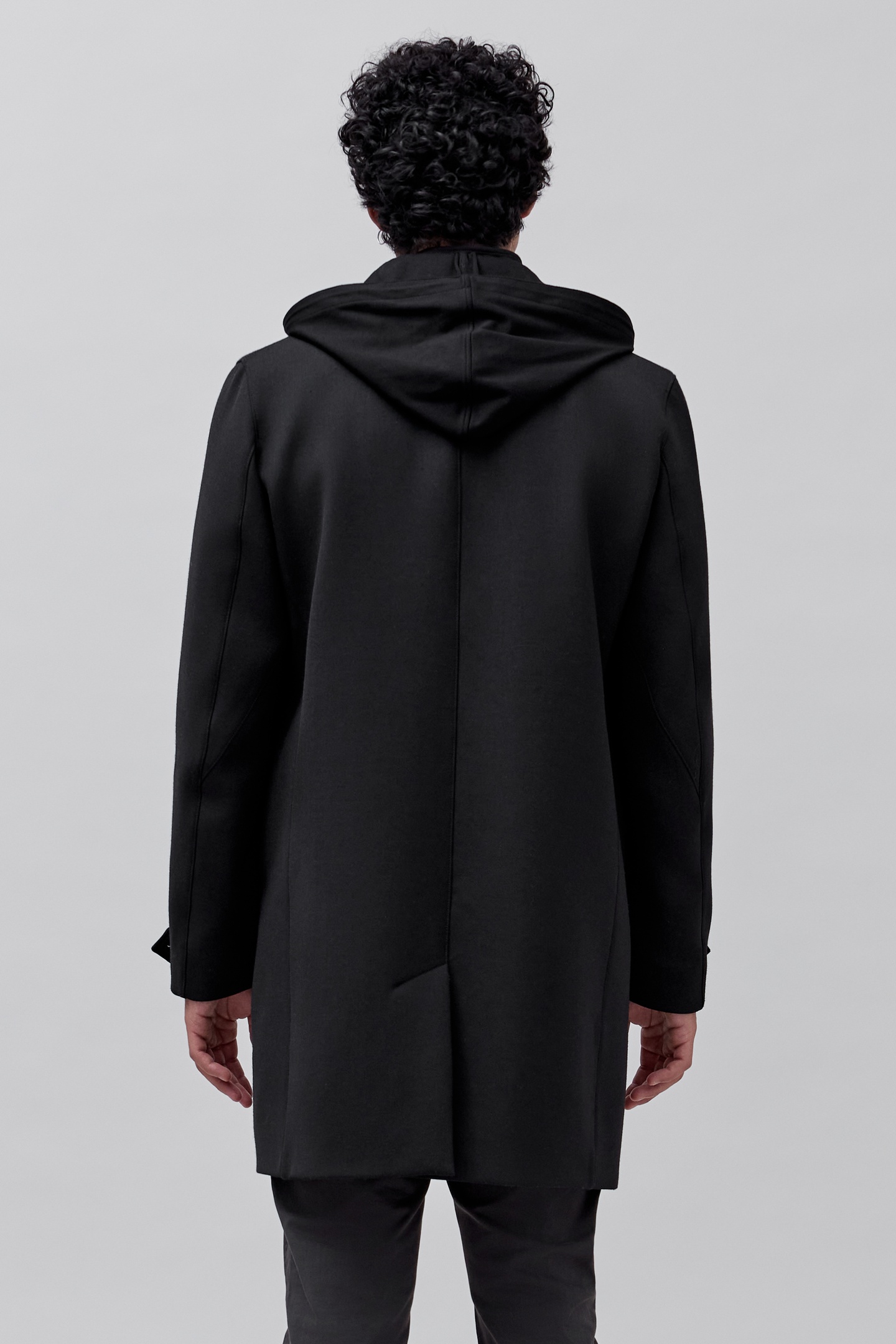 BLACK TRENCH COAT WITH DETACHABLE HOOD FACING 5