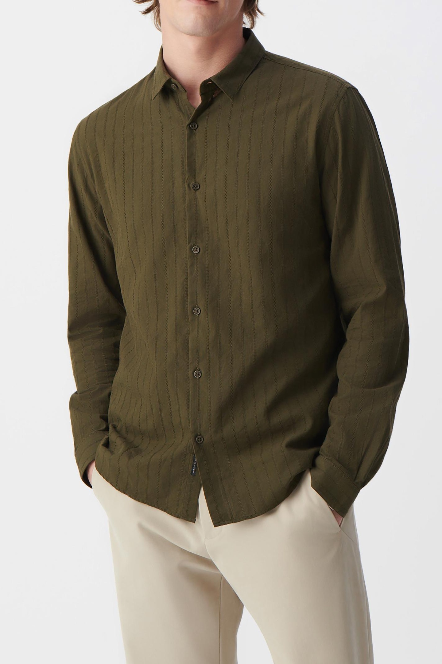KHAKI ORGANIC COTTON SLIM SHIRT, STRIPED EMBROIDERY 2