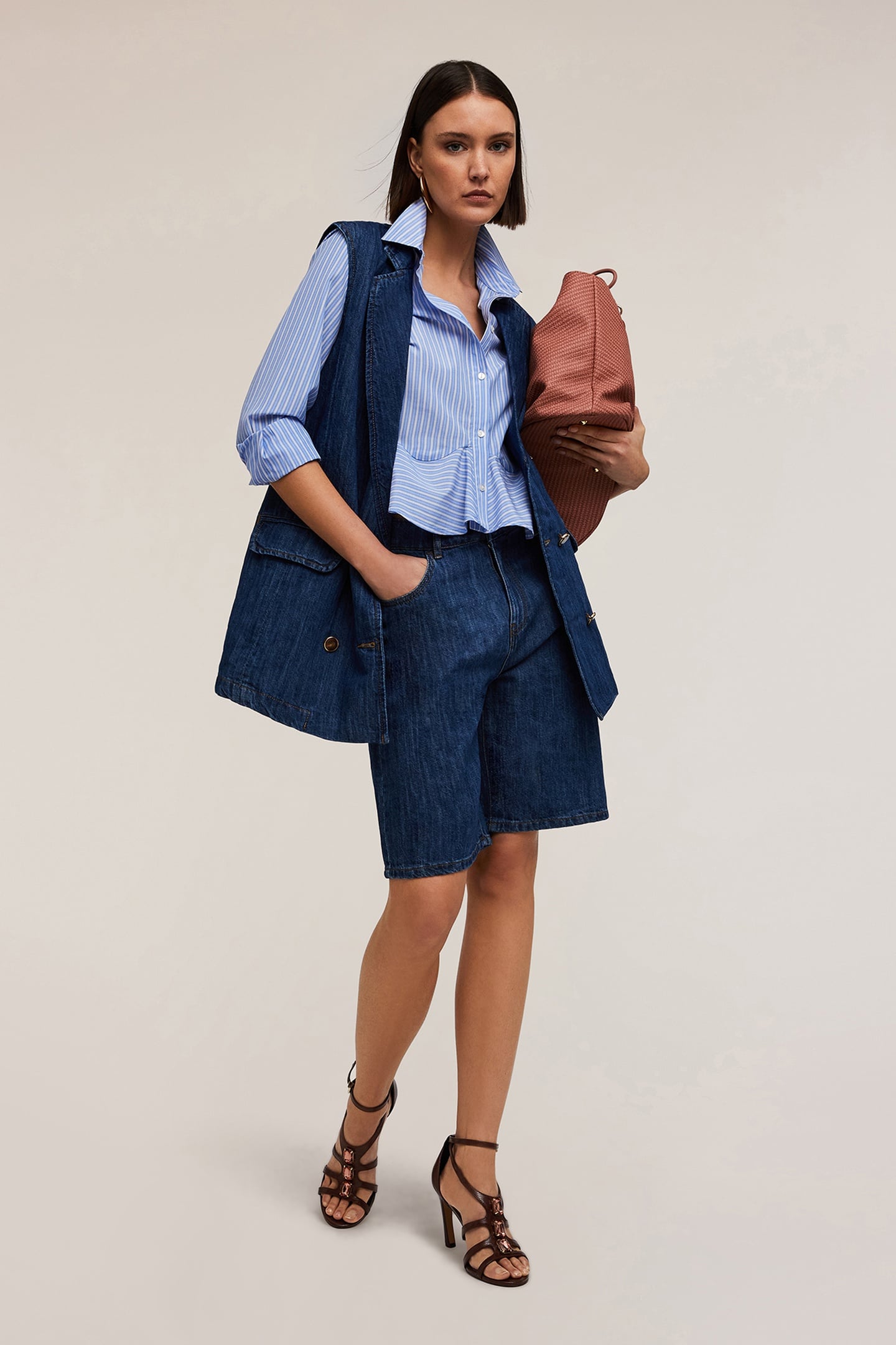 DOUBLE-BREASTED OVERSIZED WAISTCOAT IN LINEN-BLEND DENIM BLU 1