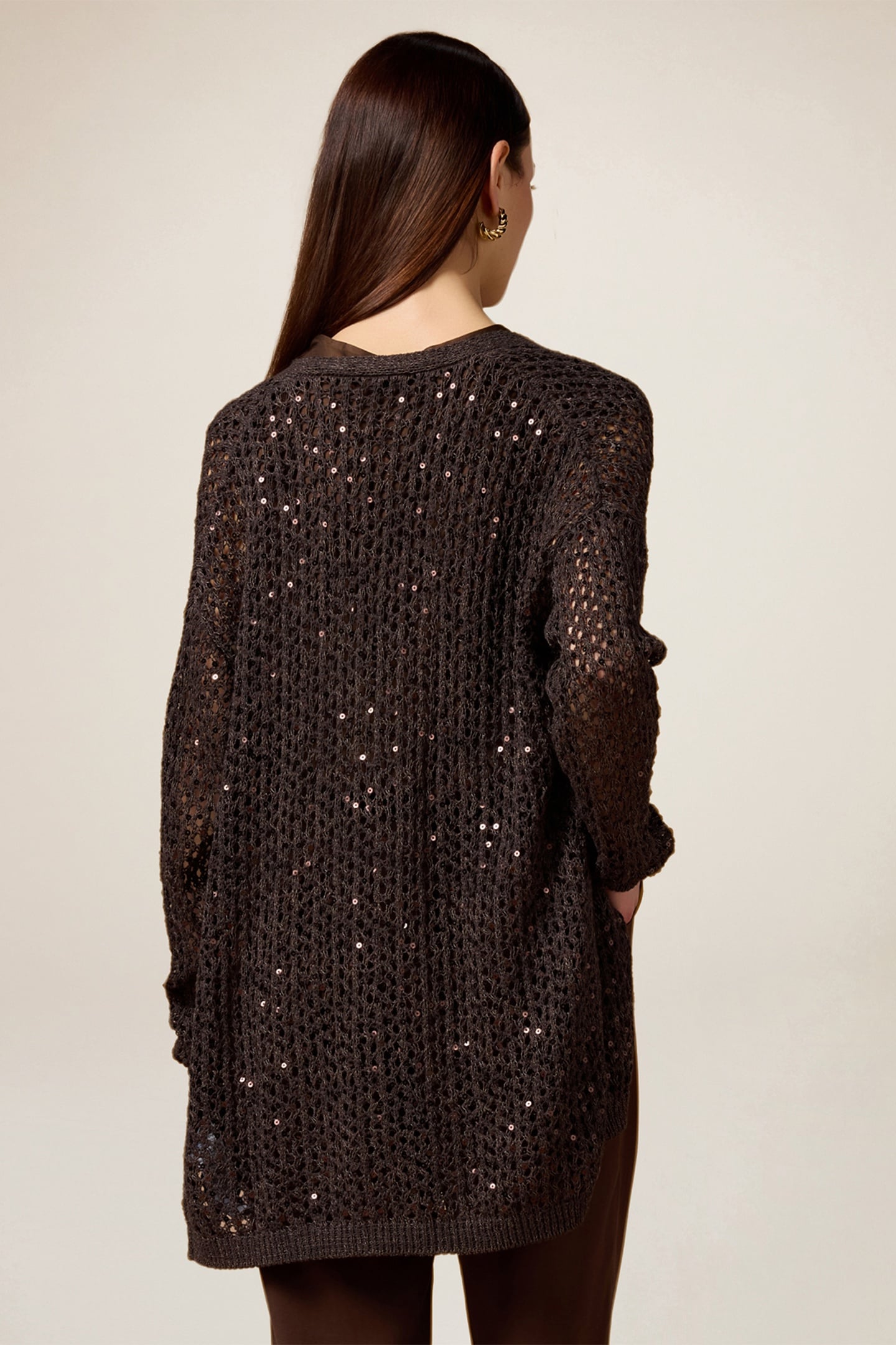 OPENWORK CARDIGAN WITH SEQUINS BROWN 2