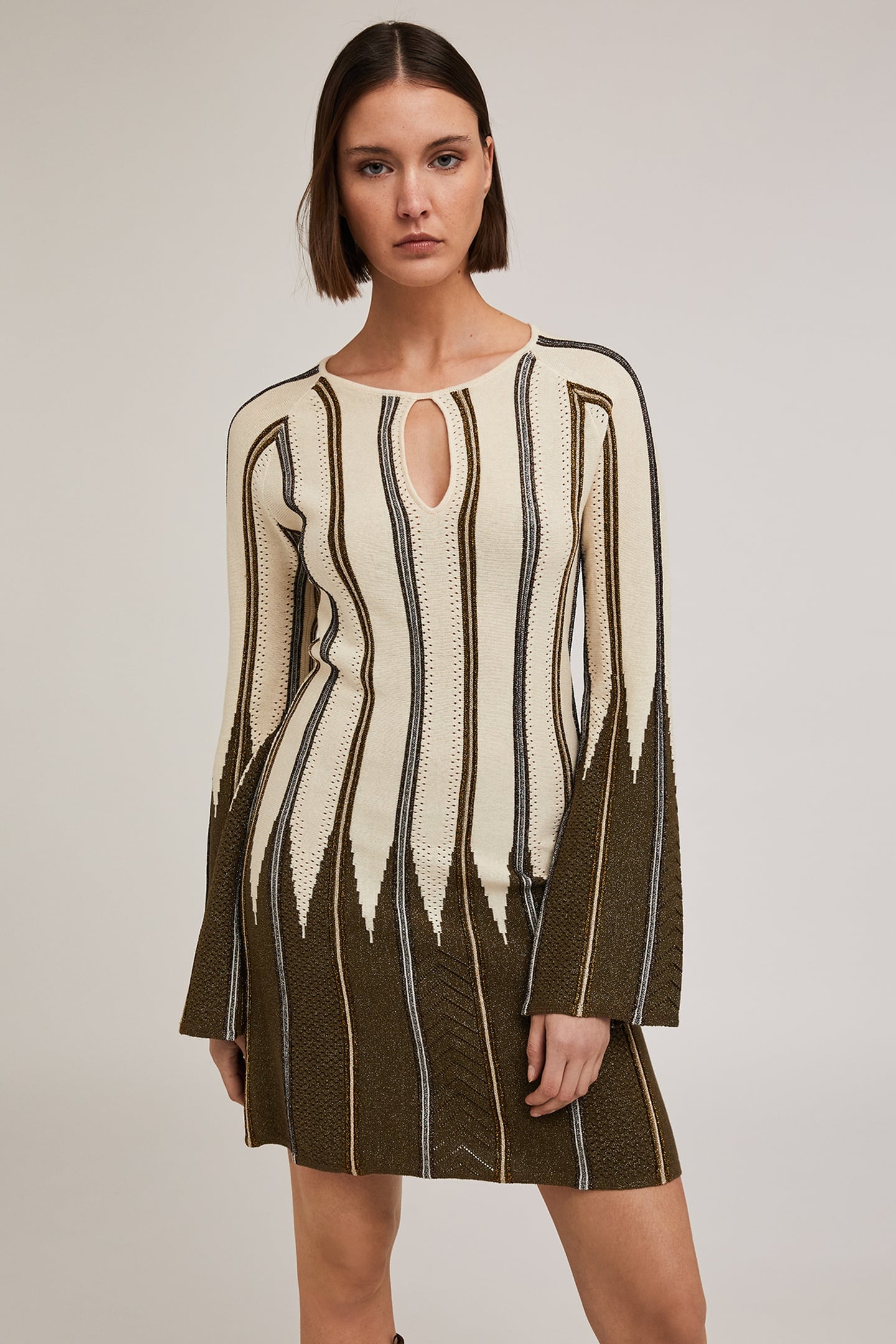 PLEATED EFFECT LUREX KNIT STRIPED DRESS MILITARY GREEN 1