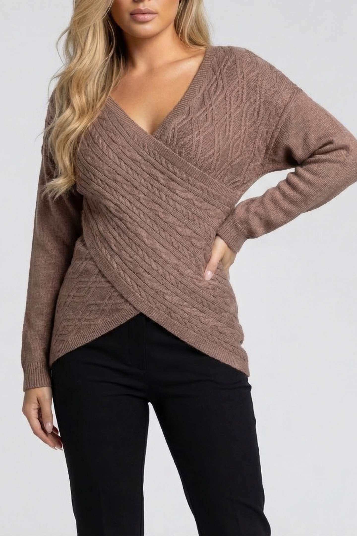 GUESS Marciano By  Lavanda Ls Crossed Cables Top Silk Taupe Maat: XXS | Sweaters Outlet | Dames | Bruin