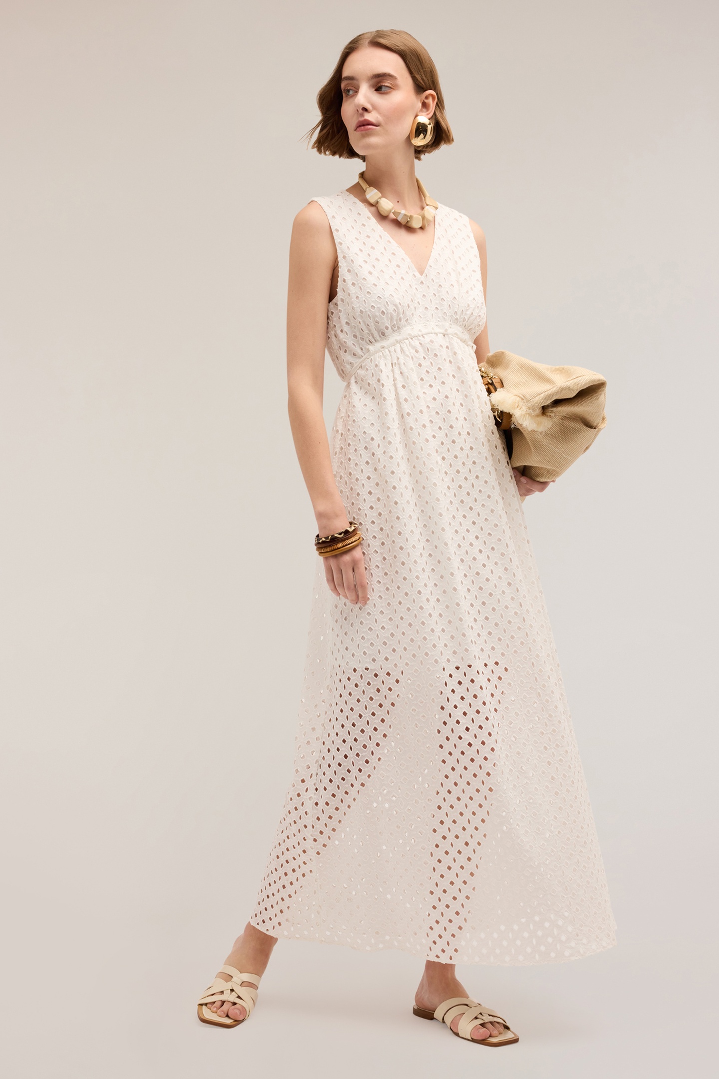 Motivi Long Broderie Anglaise Dress White Maat: S | Maxi Jurken Outlet | Dames | Wit