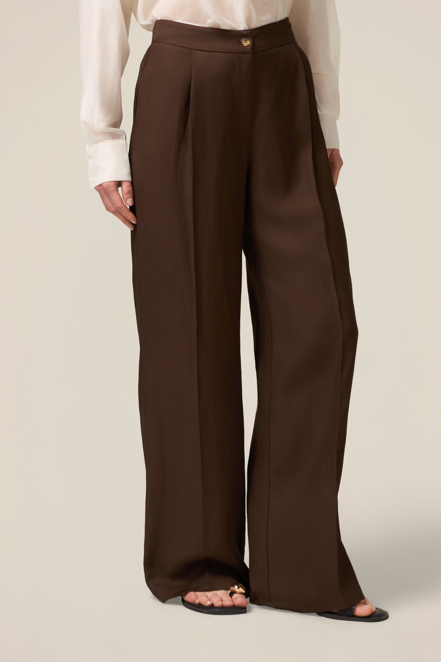 WIDE-LEG LINEN BLEND TROUSERS BROWN 1
