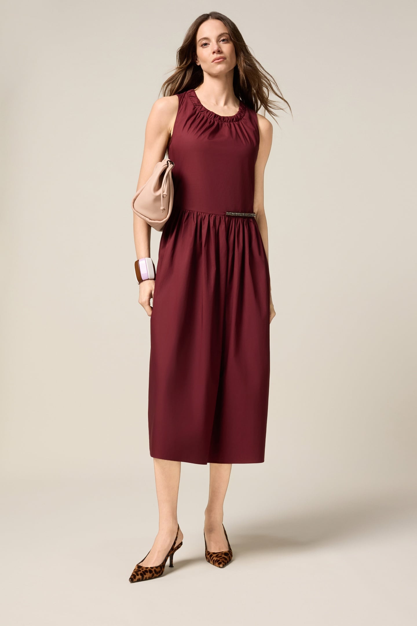 MIDI FLARE DRESS IN POPLIN BURGUNDY 1