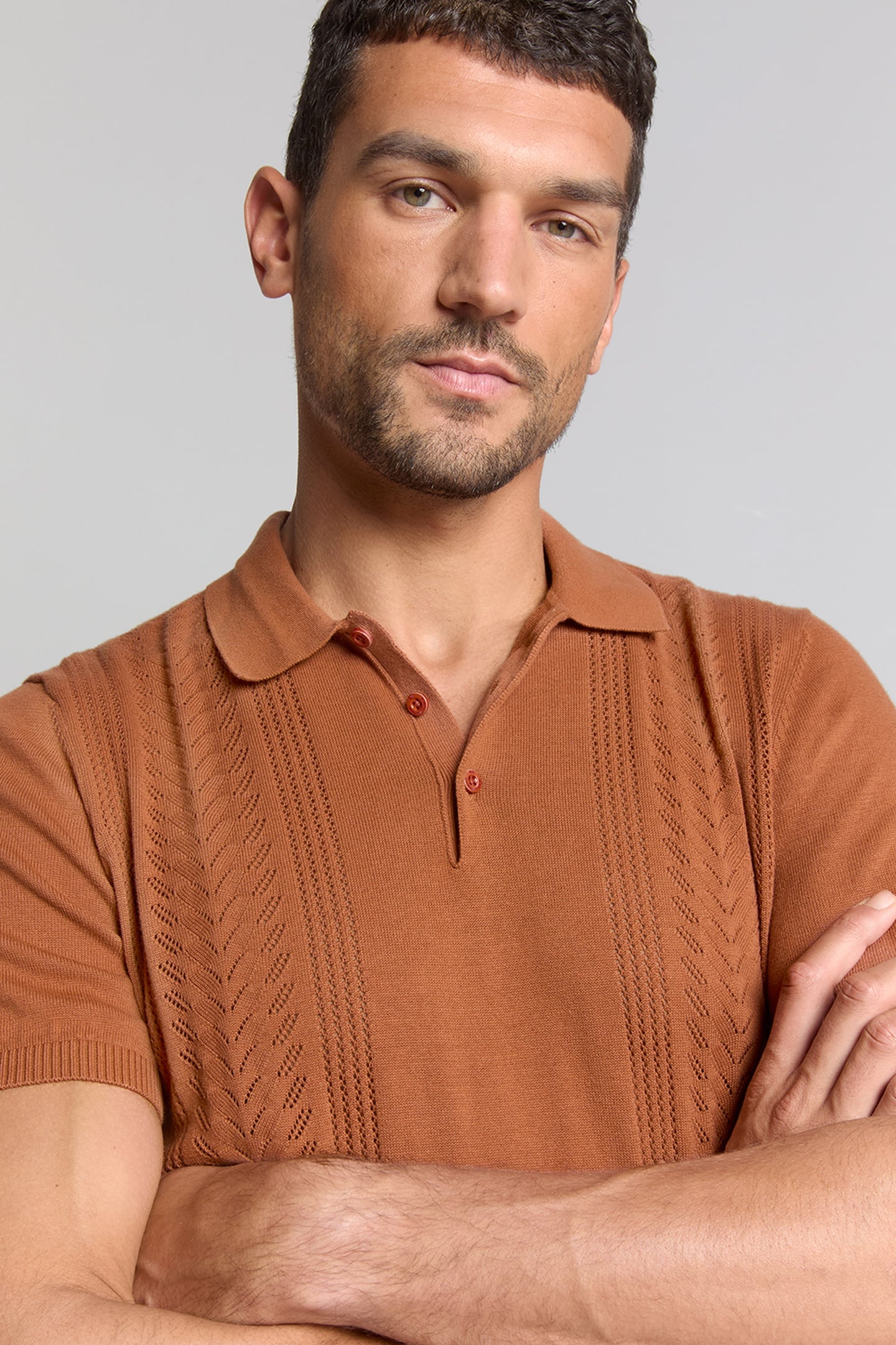 PULLOVER SHORT SLEEVE POLO SOLID PLACED JACQUARD CARAMEL 7