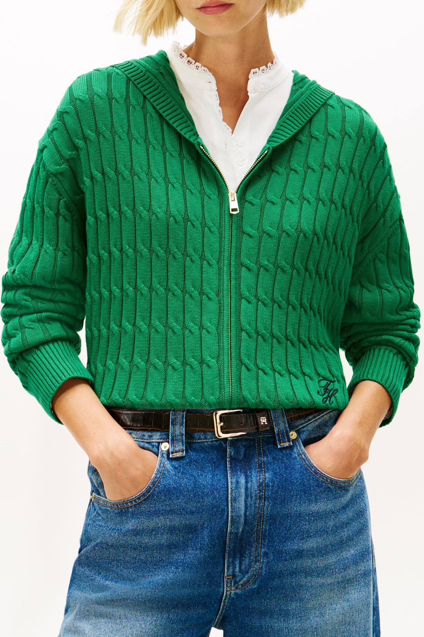 CABLE KNIT ZIP-THRU HOODY NOUVEAU GREEN 1