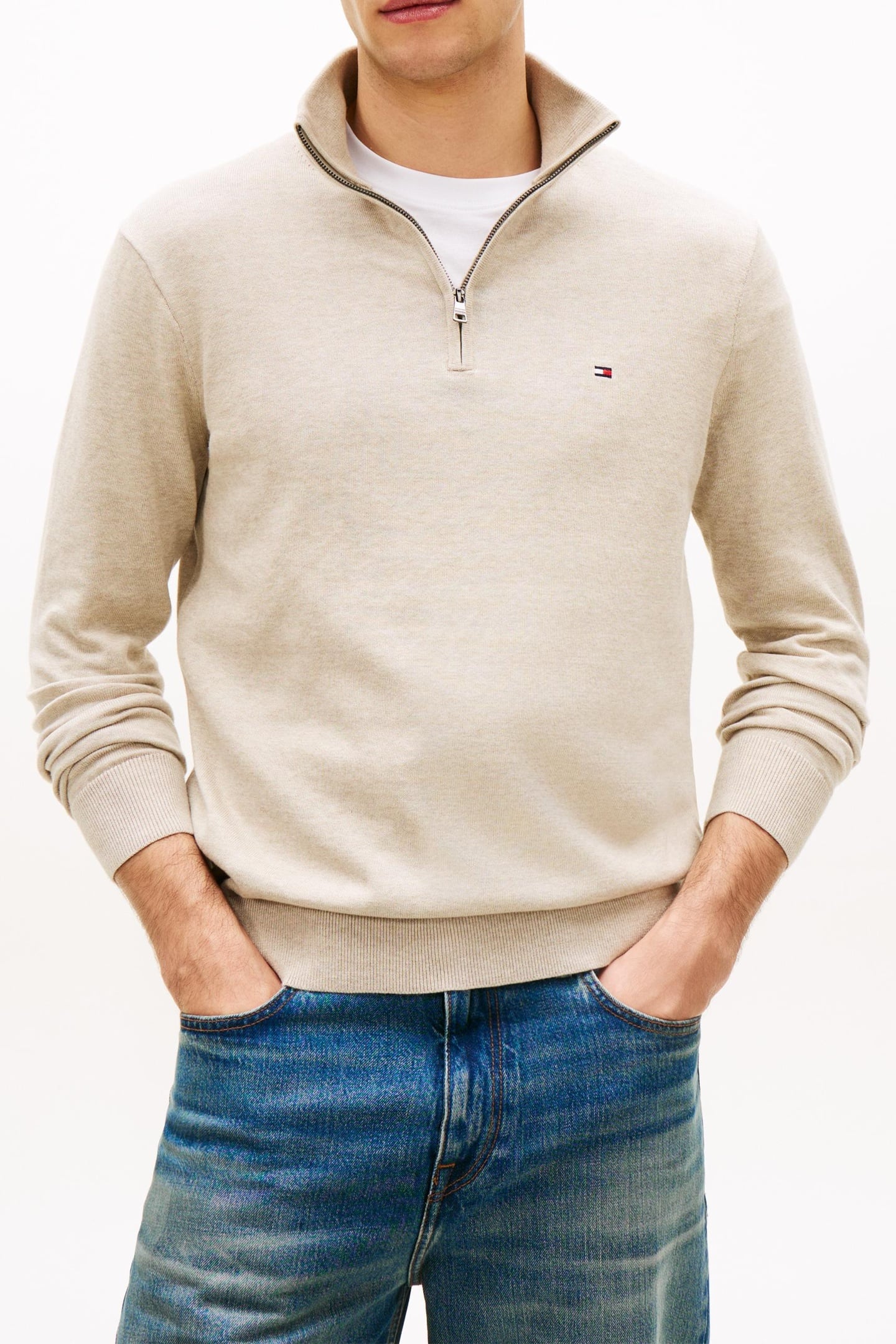 ESSENTIAL COTTON HALF ZIP SANDALWOOD HEATHER 3