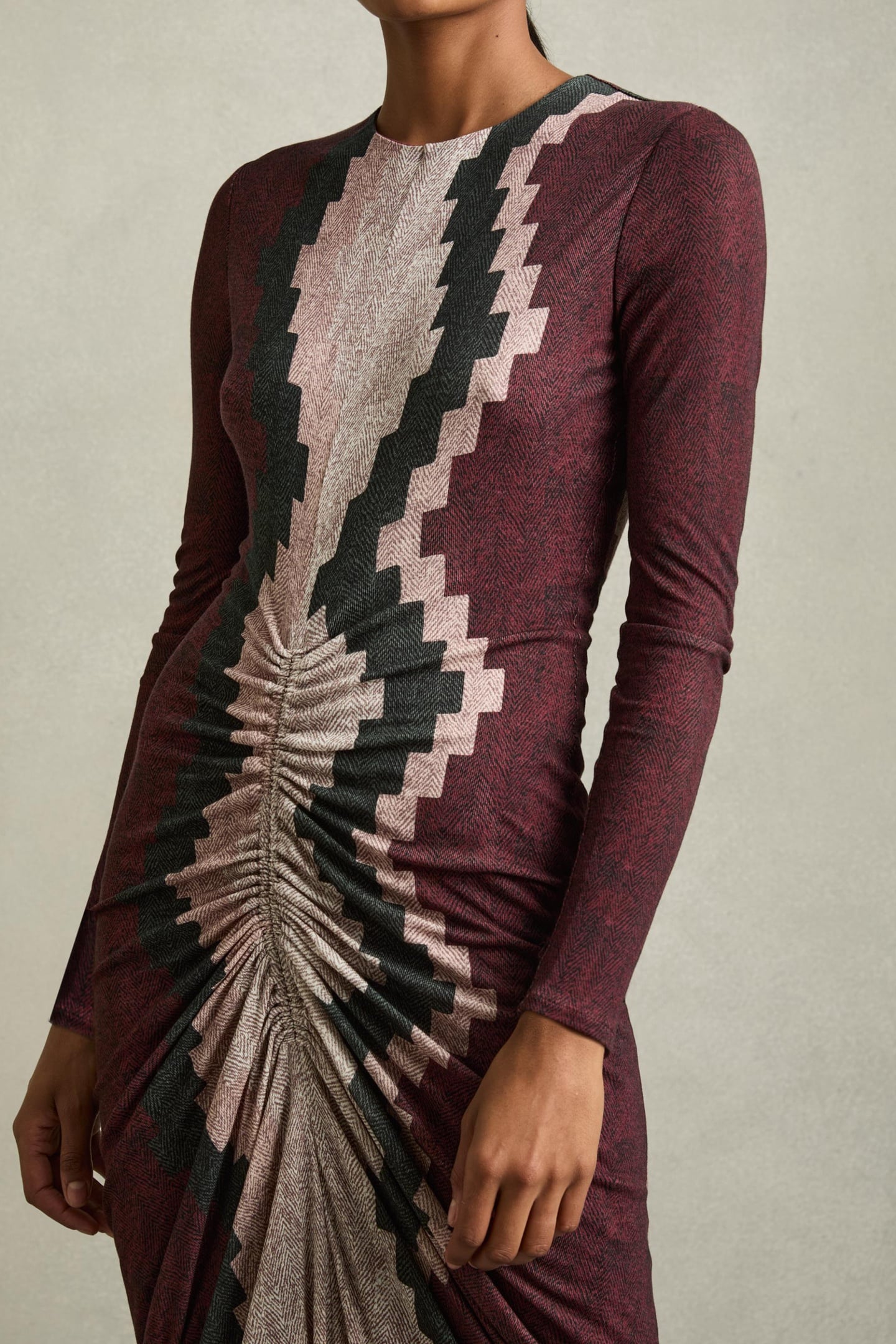 PRINTED RUCHED JERSEY DRESS BURGUNDY 2