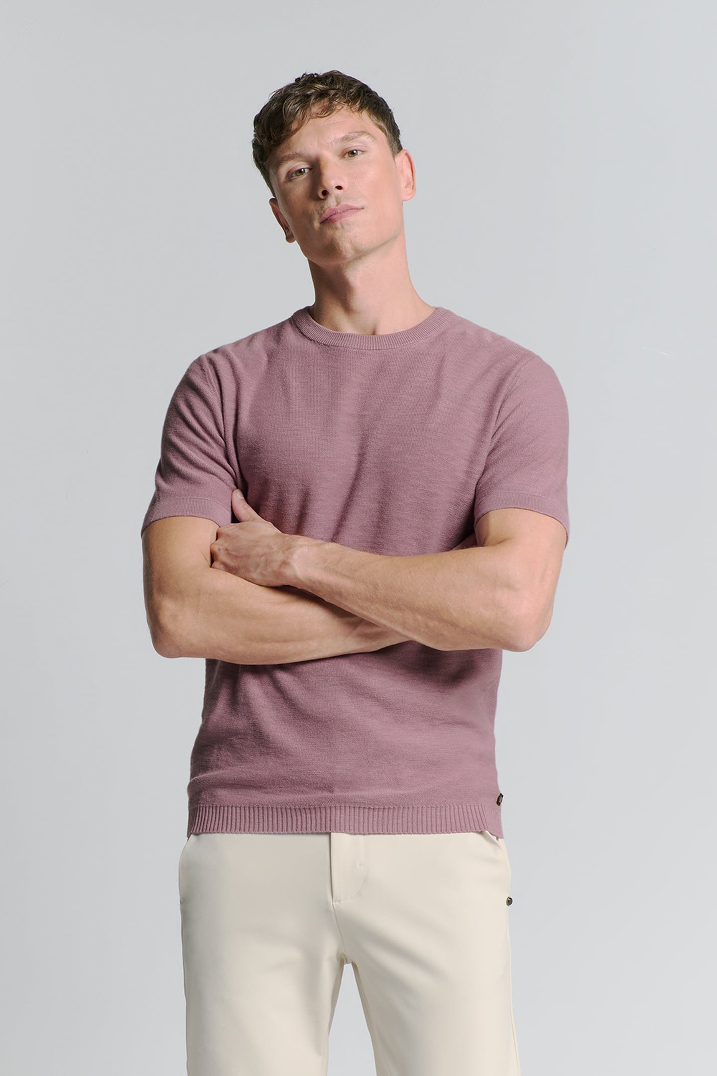 PULLOVER SHORT SLEEVE CREWNECK SOLID SLUB KNIT MAUVE 1