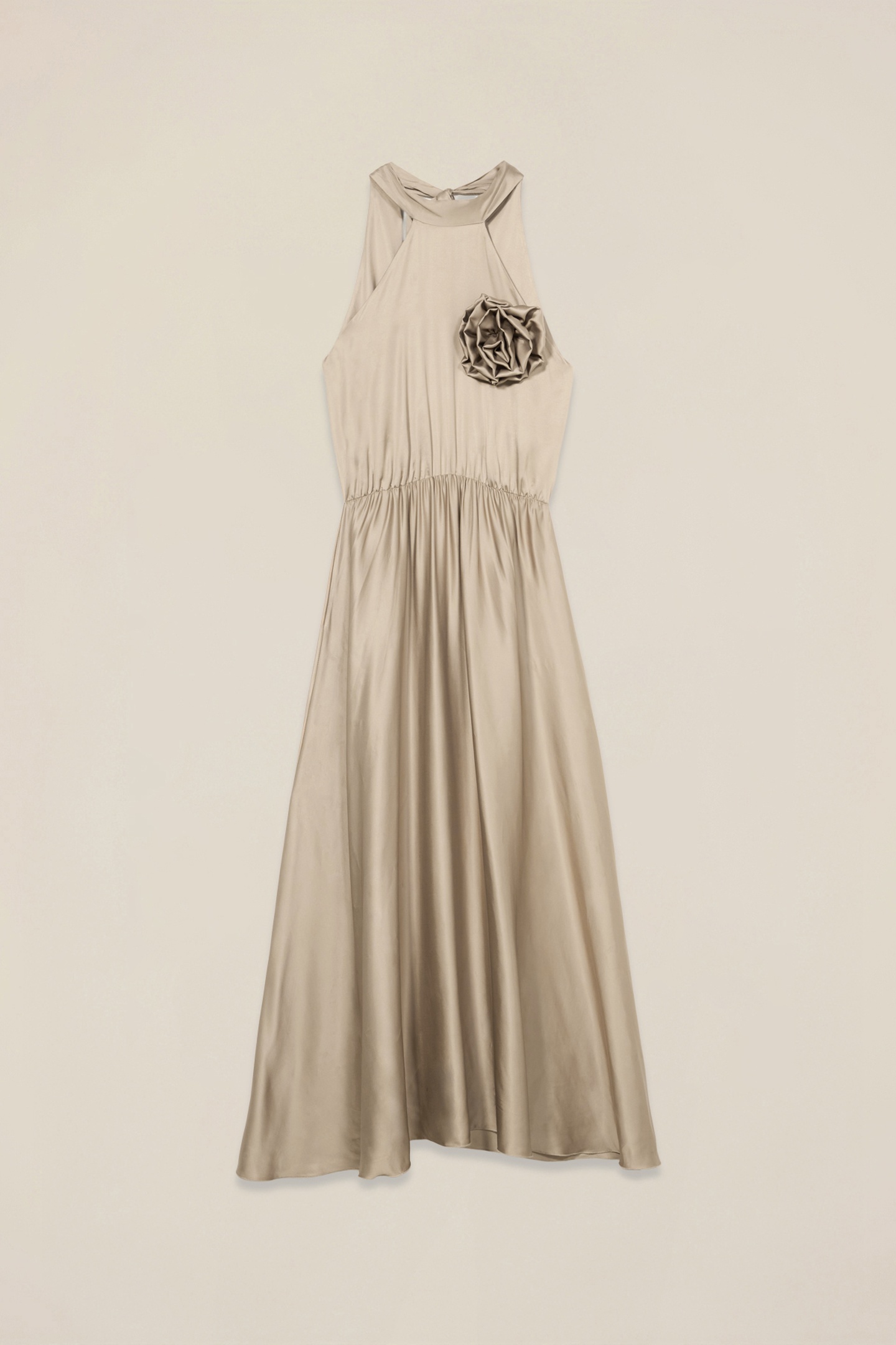 LONG SATIN DRESS WITH FLOWER BEIGE 3