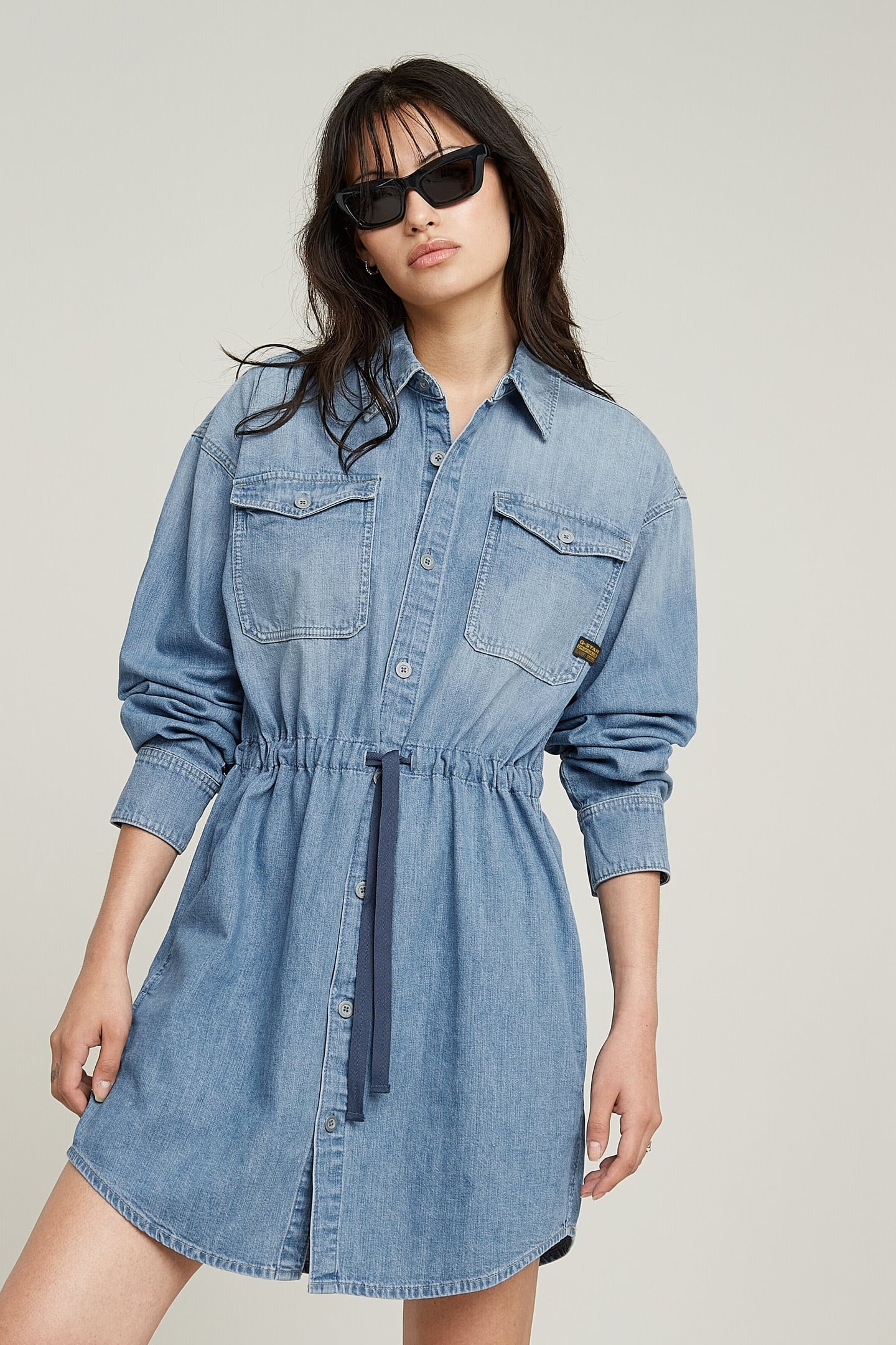 RELAXED DRAWCORD DENIM DRESS FADED THAMES 2