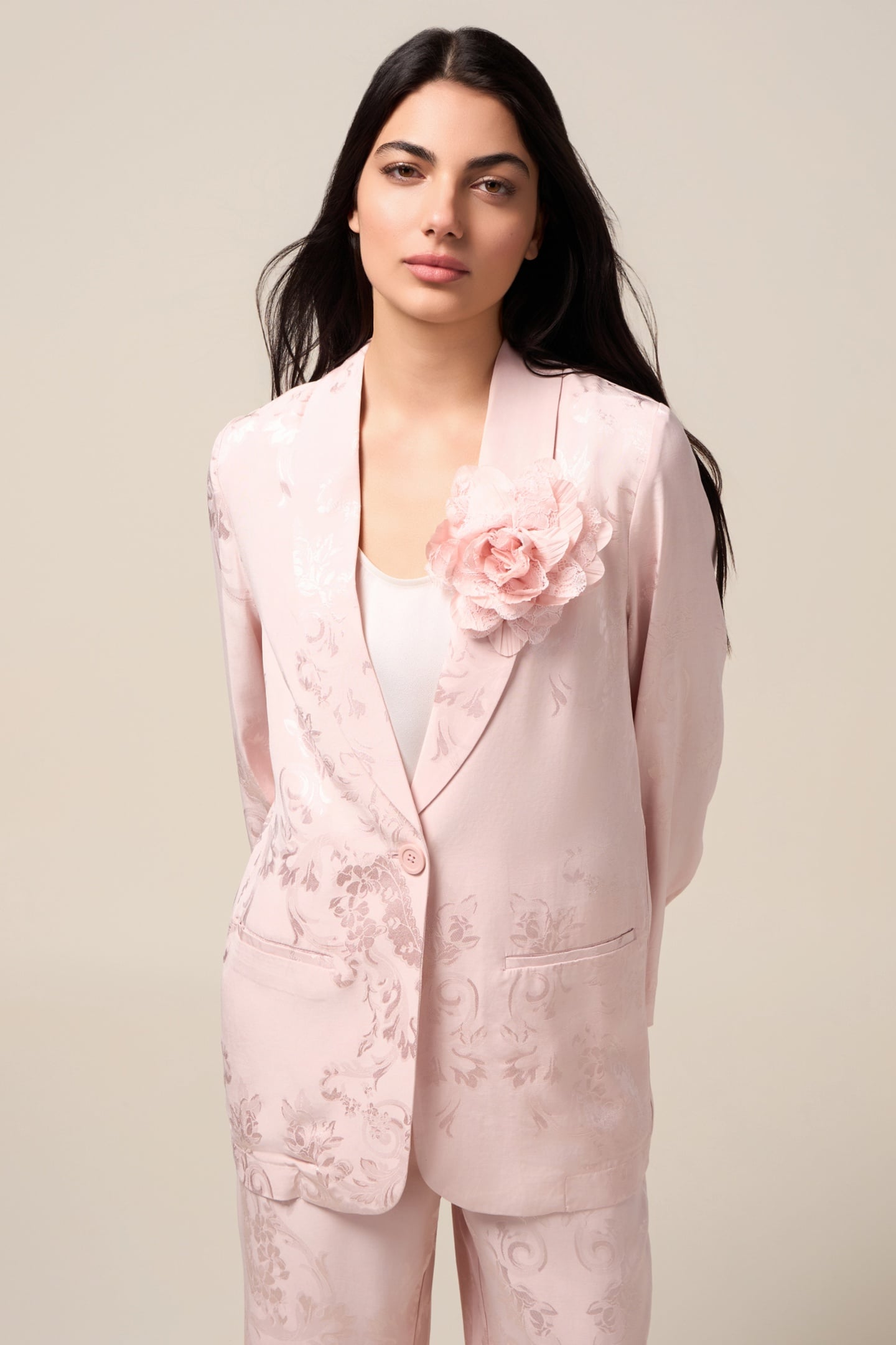 JACQUARD BLAZER WITH BROOCH PINK 1