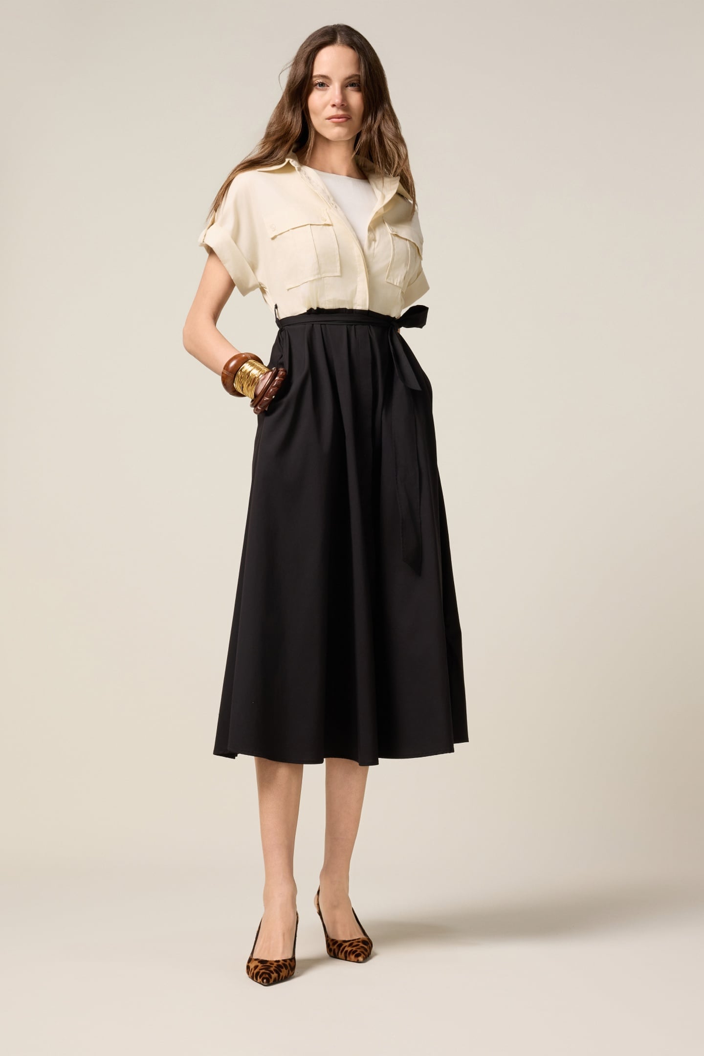 TWO-TONE SHIRT DRESS WITH SASH BLACK 1