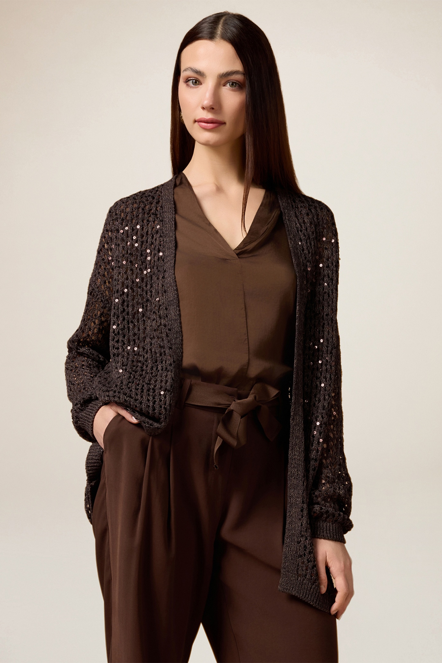 OPENWORK CARDIGAN WITH SEQUINS BROWN 1