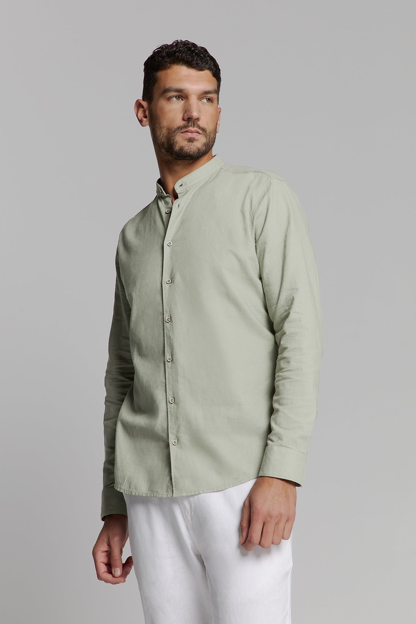 SHIRT GRANDDAD SOLID WITH LINEN LIGHT ARMY 1