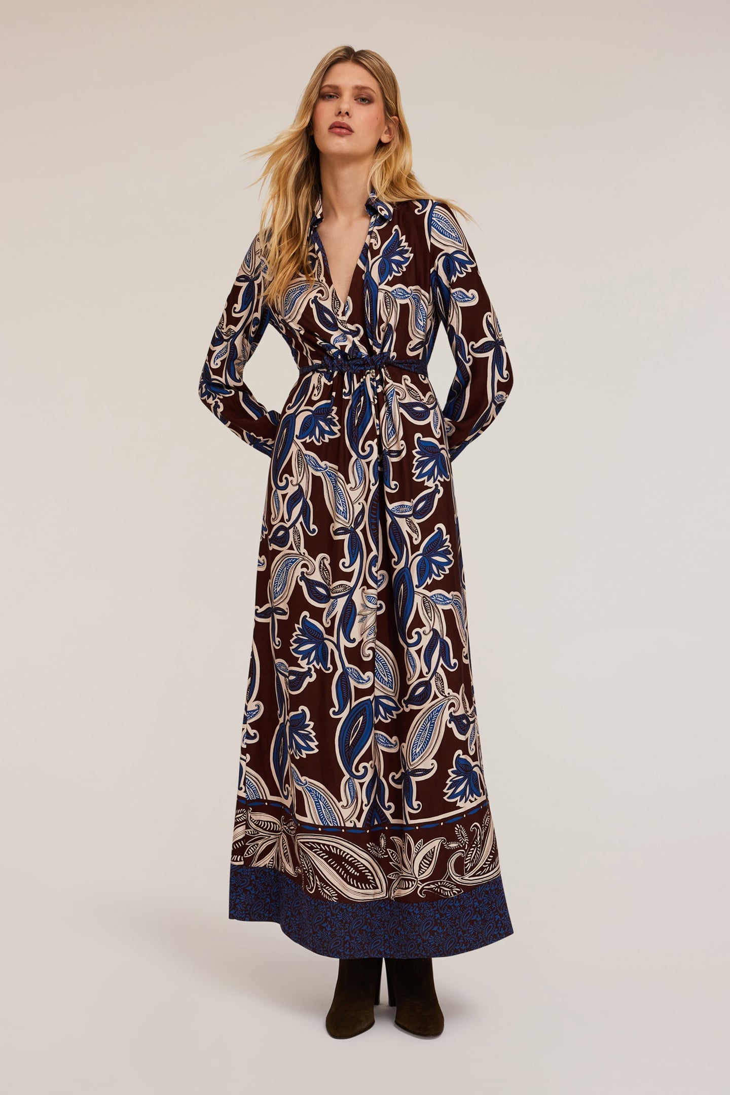 LONG VISCOSE DRESS WITH SCARF PATTERN BLUE 1