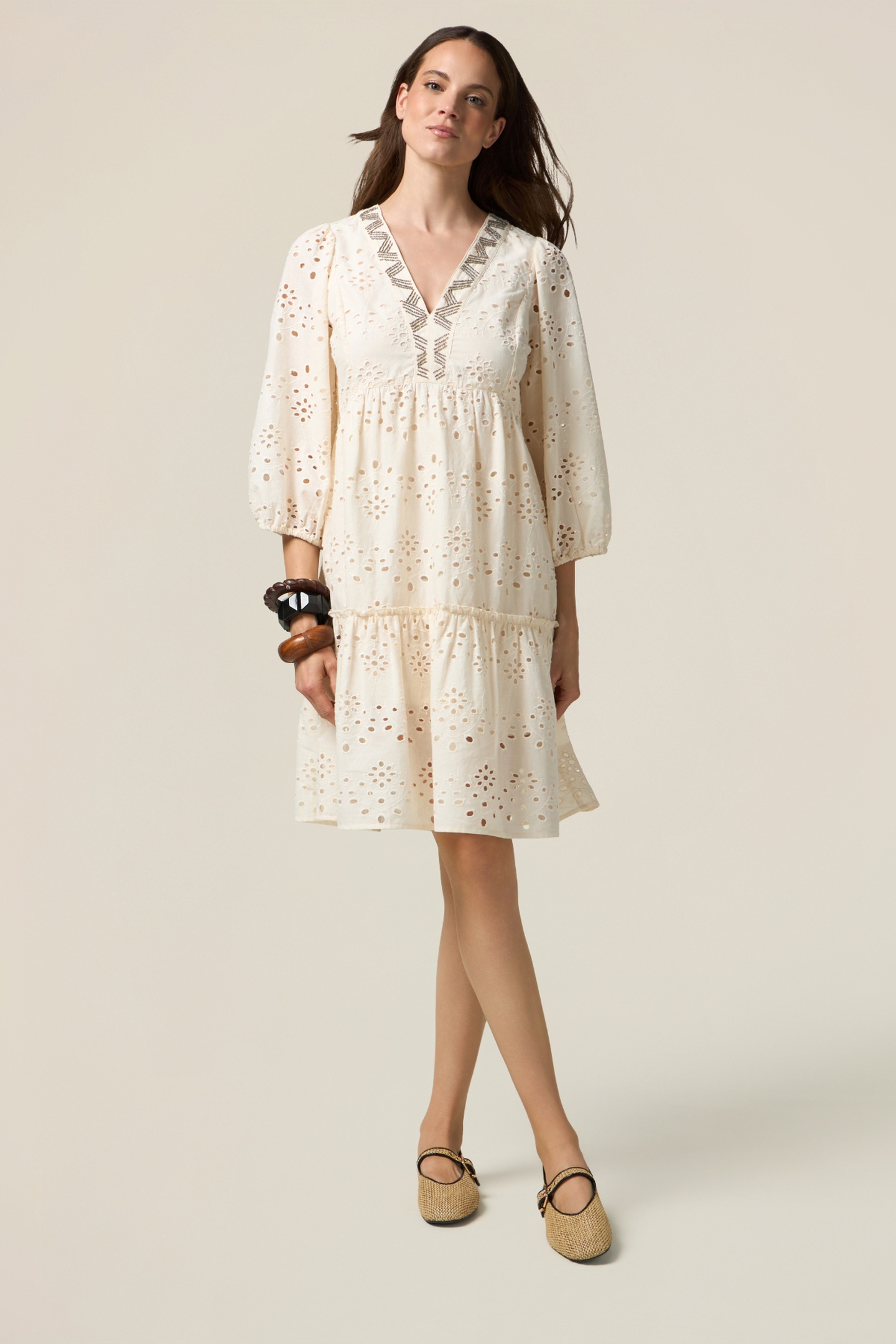 FLARED DRESS IN BRODERIE ANGLAISE LACE BEIGE 1