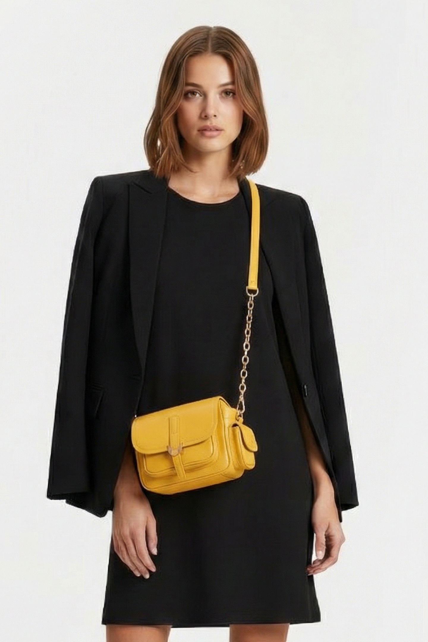 LEATHER CROSS BODY BAG WITH CHAIN STRAP IN YELLOW 1